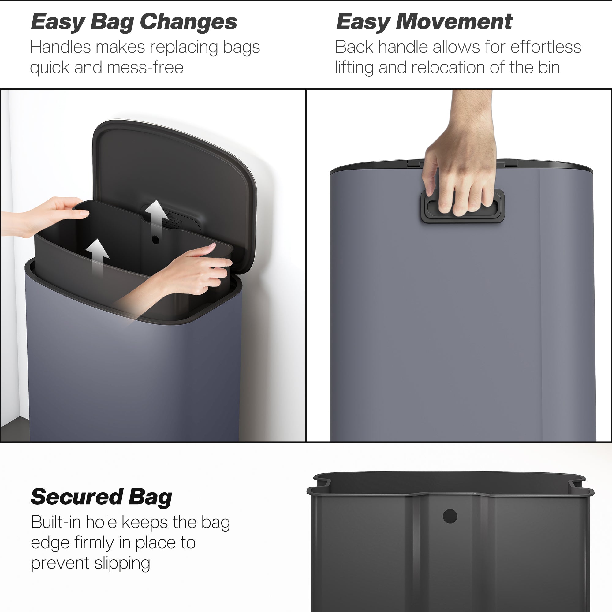 50L Kitchen Bin with Soft-Close Lid and Stay-Open Function, Stainless Steel Pedal Bin with Removable Inner Bucket, Carry Handle for Kitchen, Office, Home, Grey