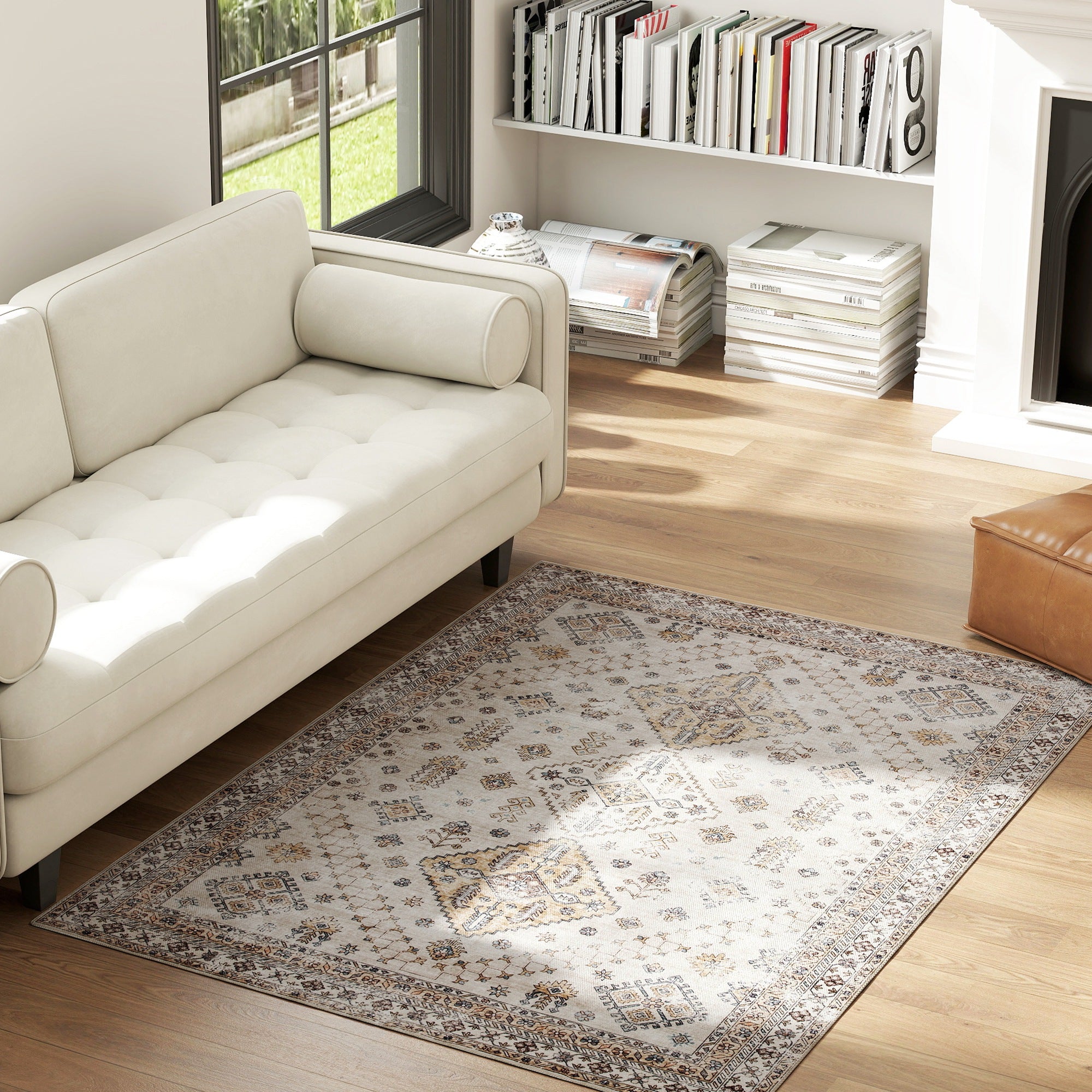 Vintage Area Rug, Non-Slip Washable Rug, Flannel Floor Carpet for Living Room, Bedroom, Dining Room, Home Office, 170 x 120 cm, Beige