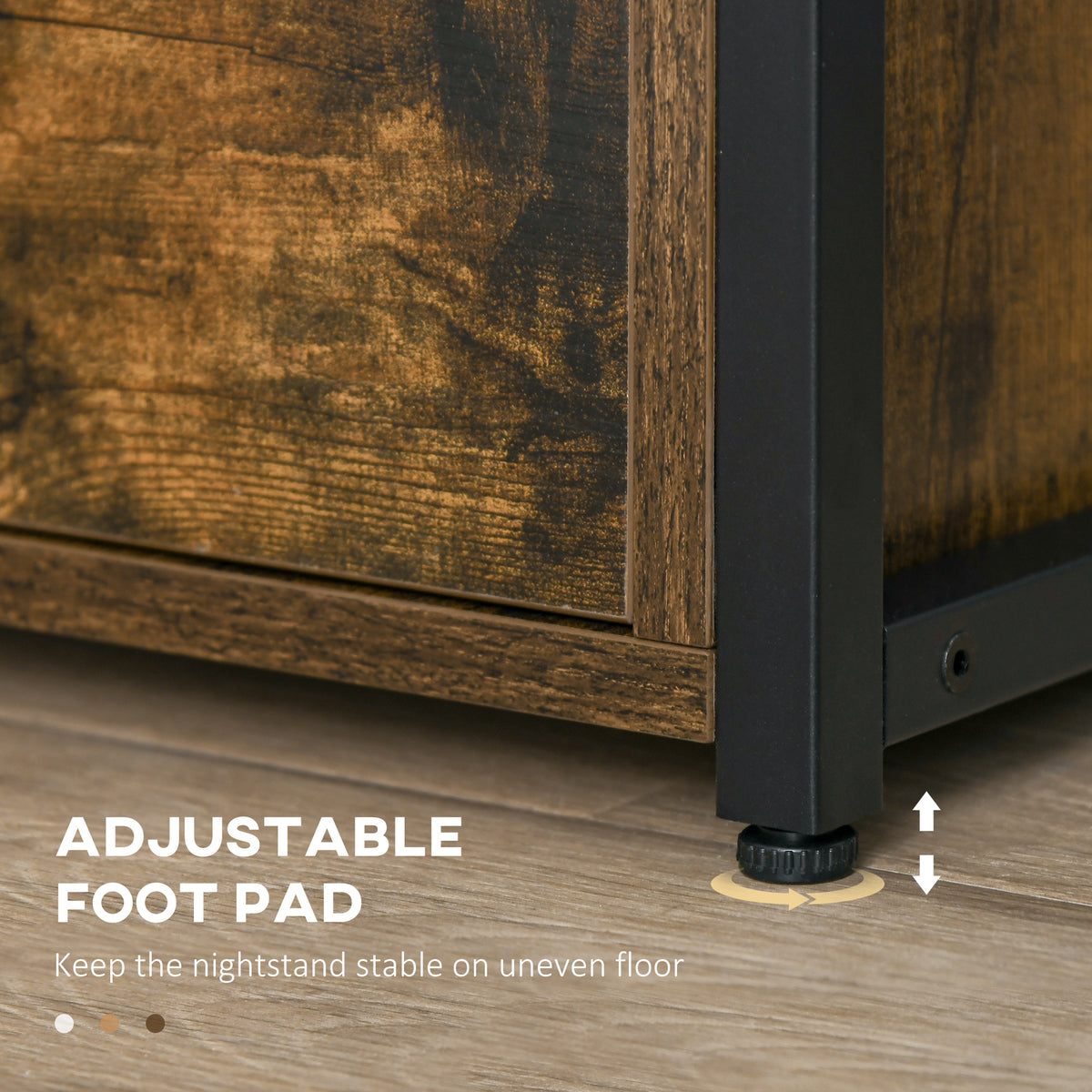 Industrial Side Table Set of 2 with Drawer and Storage Shelf, Slim Nightstand for Living Room & Bedroom - Rustic Brown