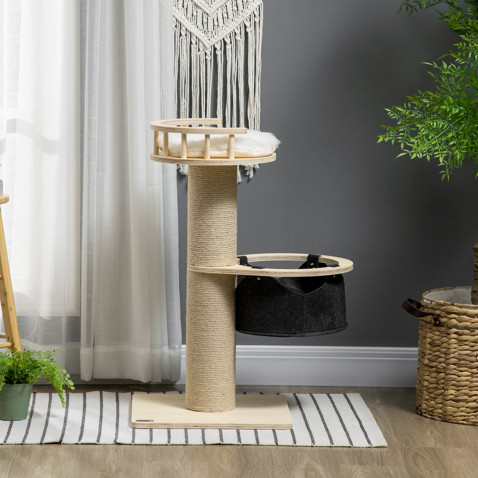 Cat Tree, with Hammock, Bed, Jute Scratching Post - Natural Finish