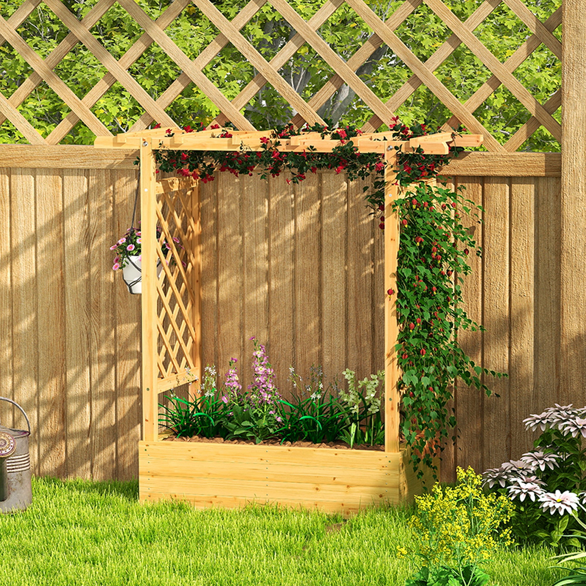 Garden Planter with Trellis, Wooden Raised Bed for Garden with Hanging Roof and Drainage Holes, Outdoor Trellis Planter Box for Vegetables, Herbs and Flowers, 110 x 44 x 113 cm, Natural
