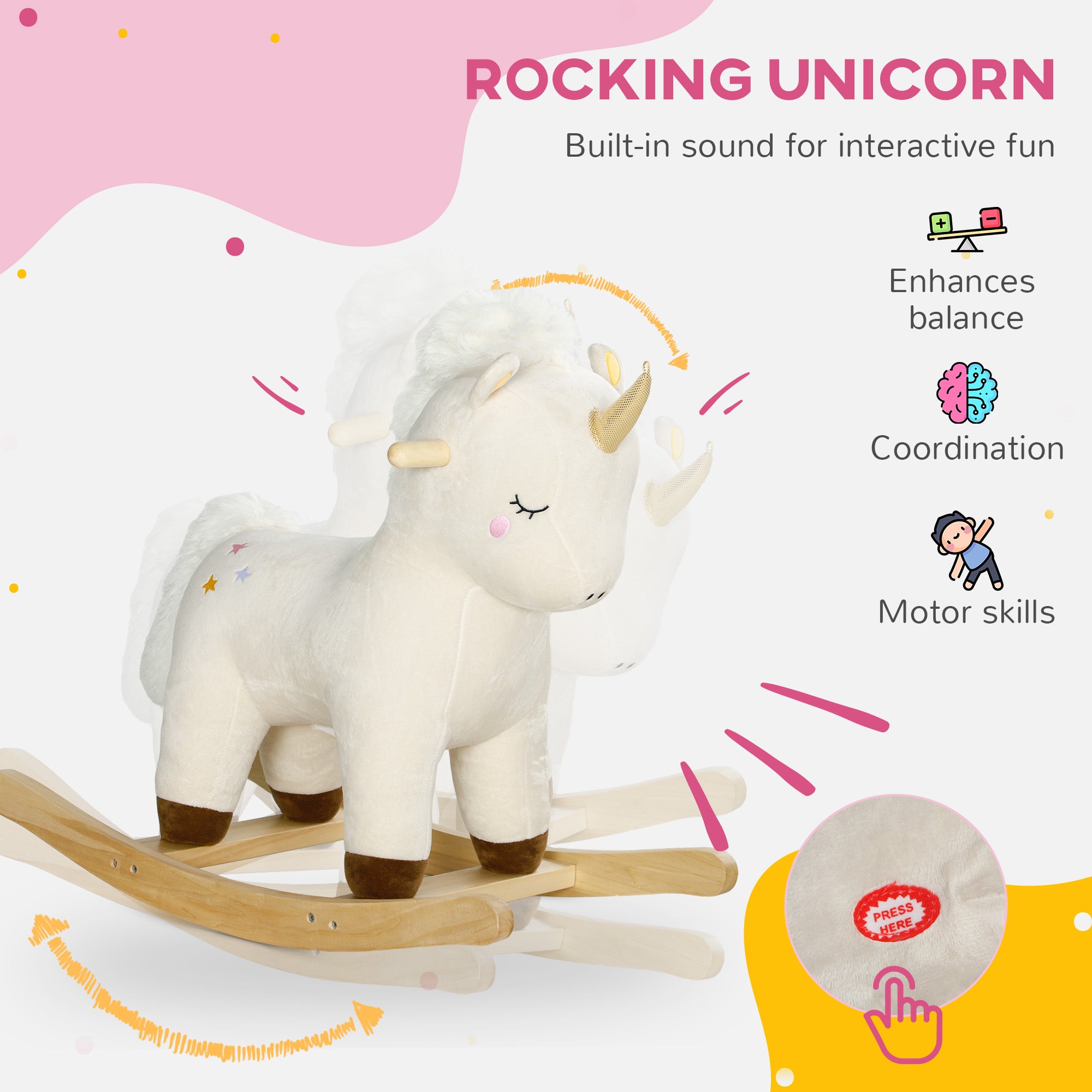 Rocking Horse with Unicorn Design, Sound, for 2-4 Years Old, White