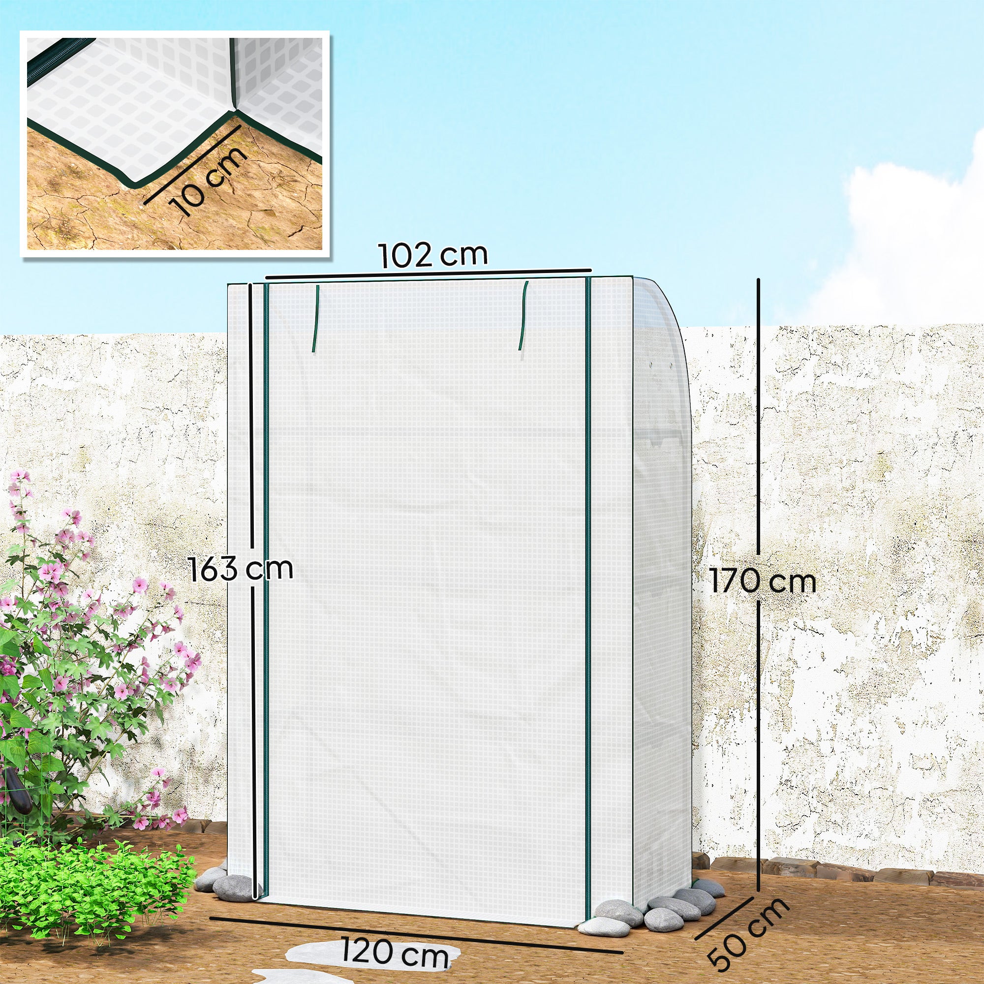 Mini Greenhouse with Reinforced PE Cover, Portable Indoor Outdoor Green House with Roll-up Door, 170 x 120 x 50cm, White