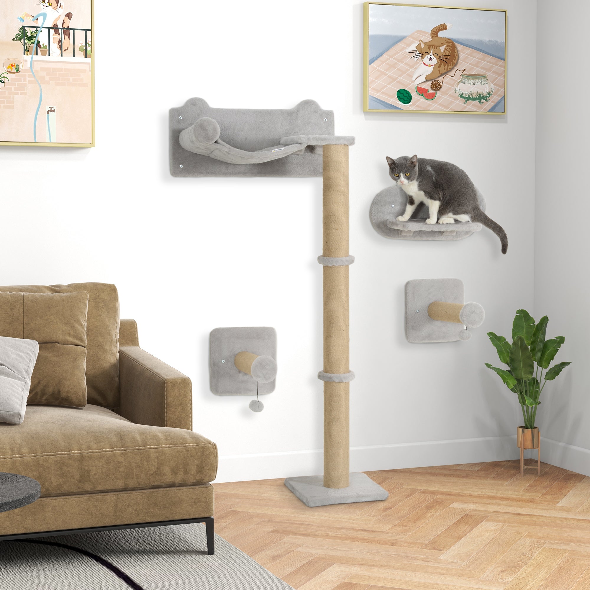 4 Piece Cat Shelves w/ Scratching Post, Steps, Jumping Platform, Ladder, Toy Balls, for Indoor Cats, Light Grey