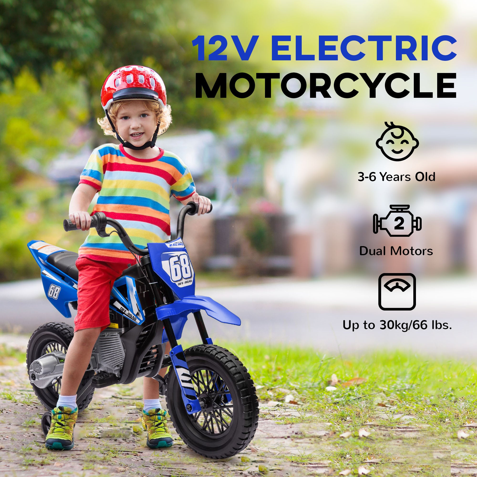 12V Kids Electric Motorbike, Kids Electric Ride on Motorcycle w/ Twist Grip Throttle, Training Wheels - Blue