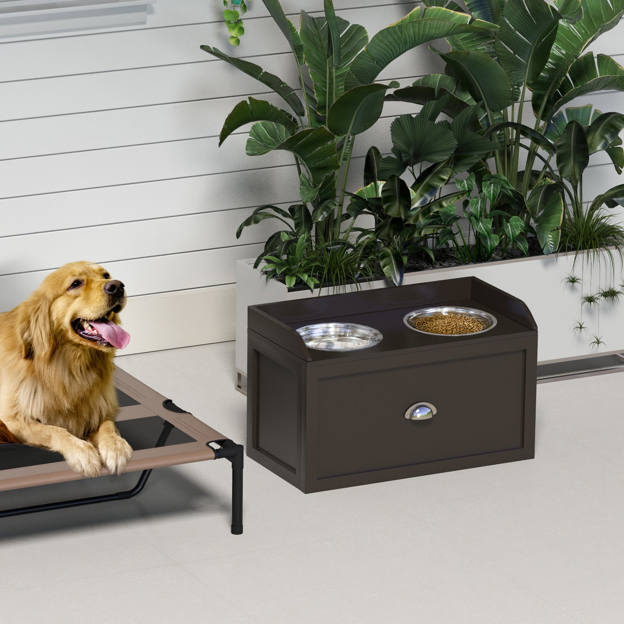 Stainless Steel Raised Dog Bowls, with 21L Storage Drawer for Large Dogs - Brown