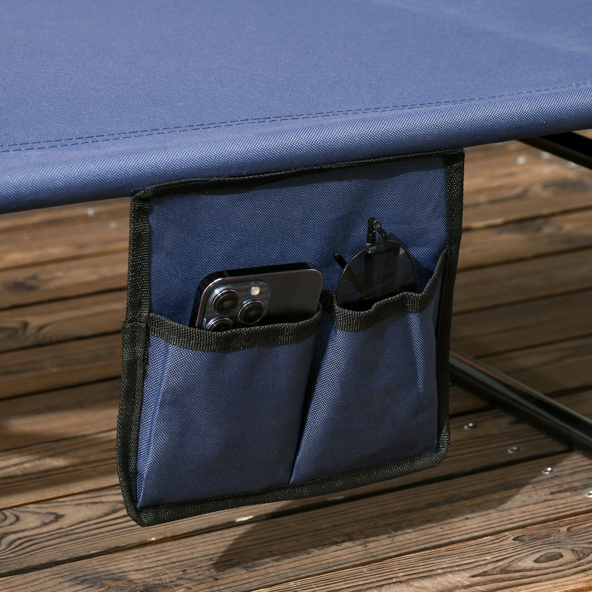 Set of Two Folding Sun Loungers, with Adjustable Backs and Sun Canopies - Dark Blue