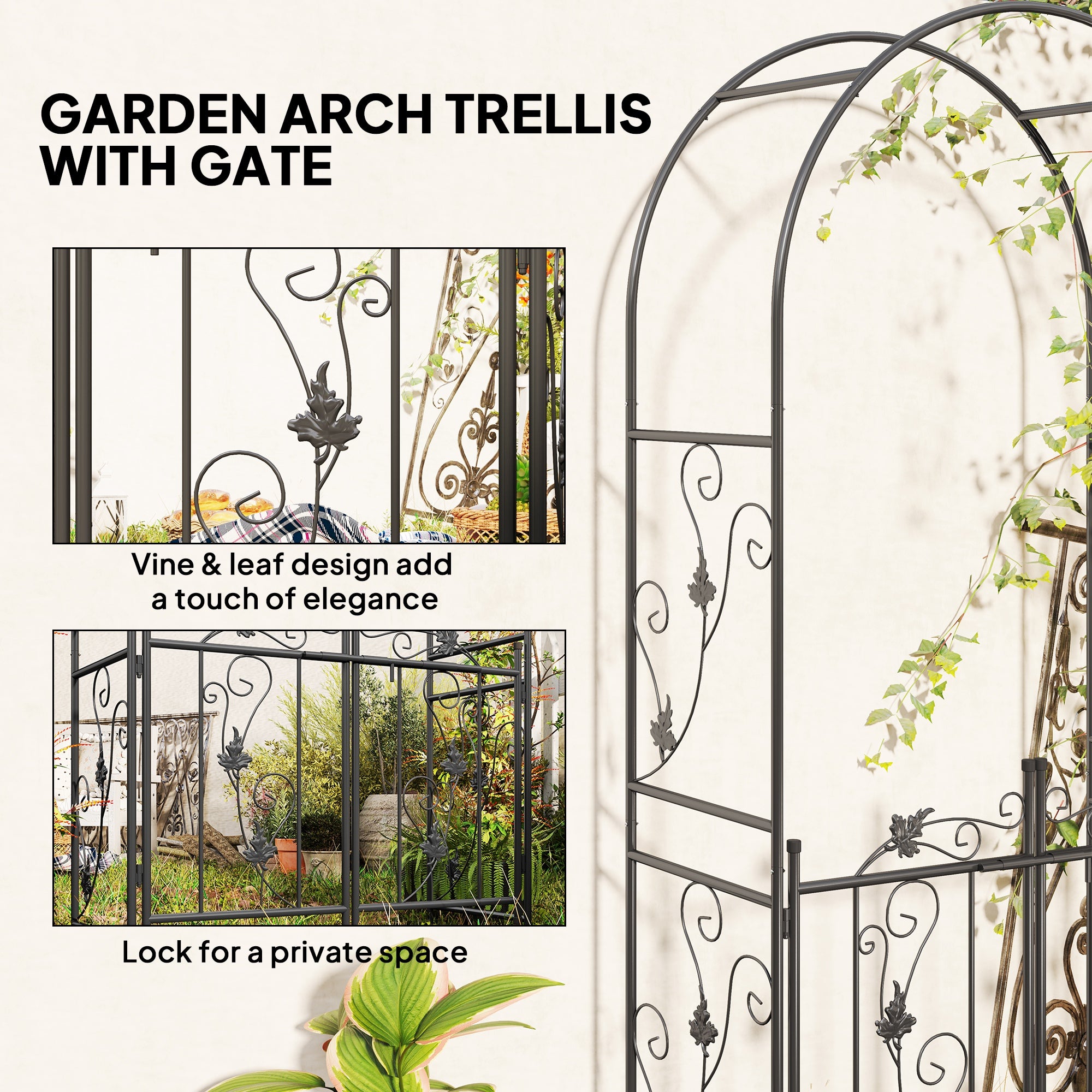 2.17m Steel Garden Arch with Gate, Wedding Arch for Outdoor, Garden, 107W x 45D x 217H cm Black