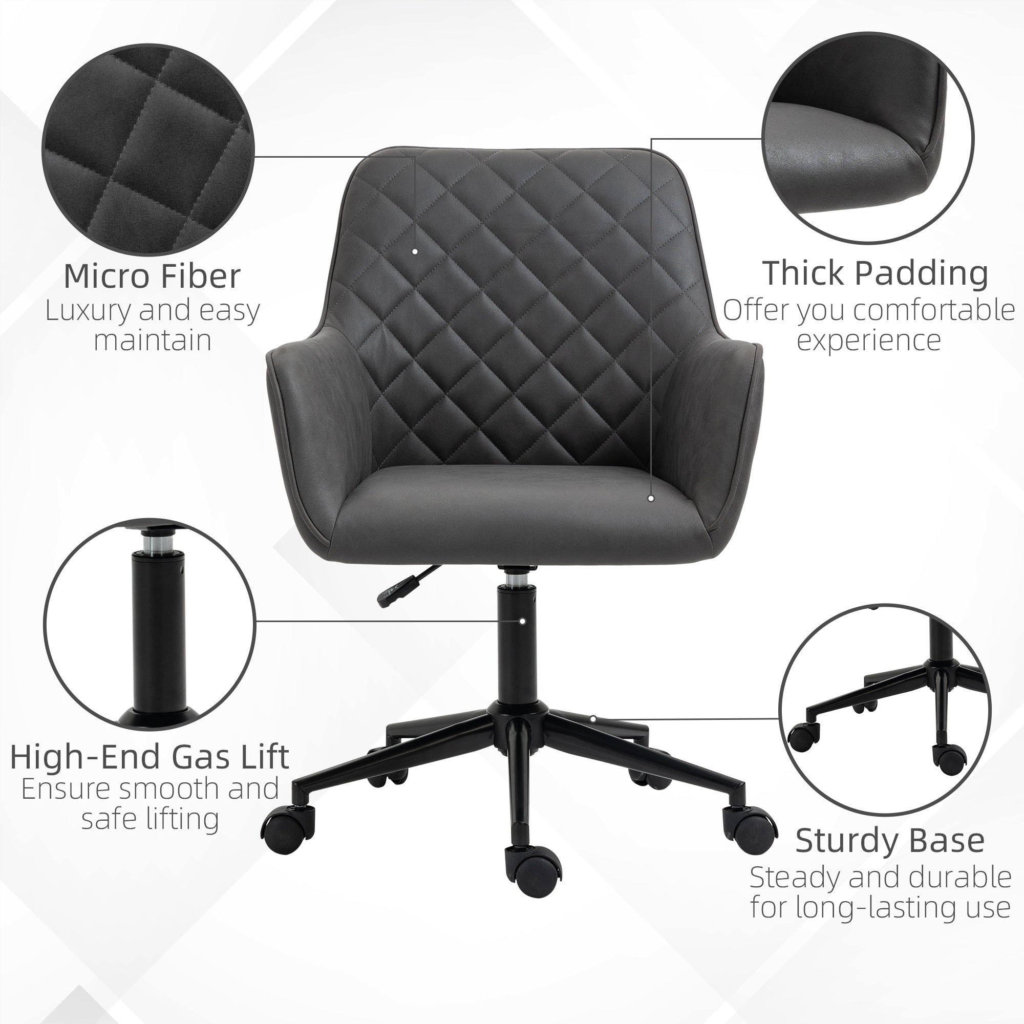 Office Desk Chair, Leather-Feel Fabric Computer Swivel Chair with Rolling Wheels and Adjustable Height for Home, Grey