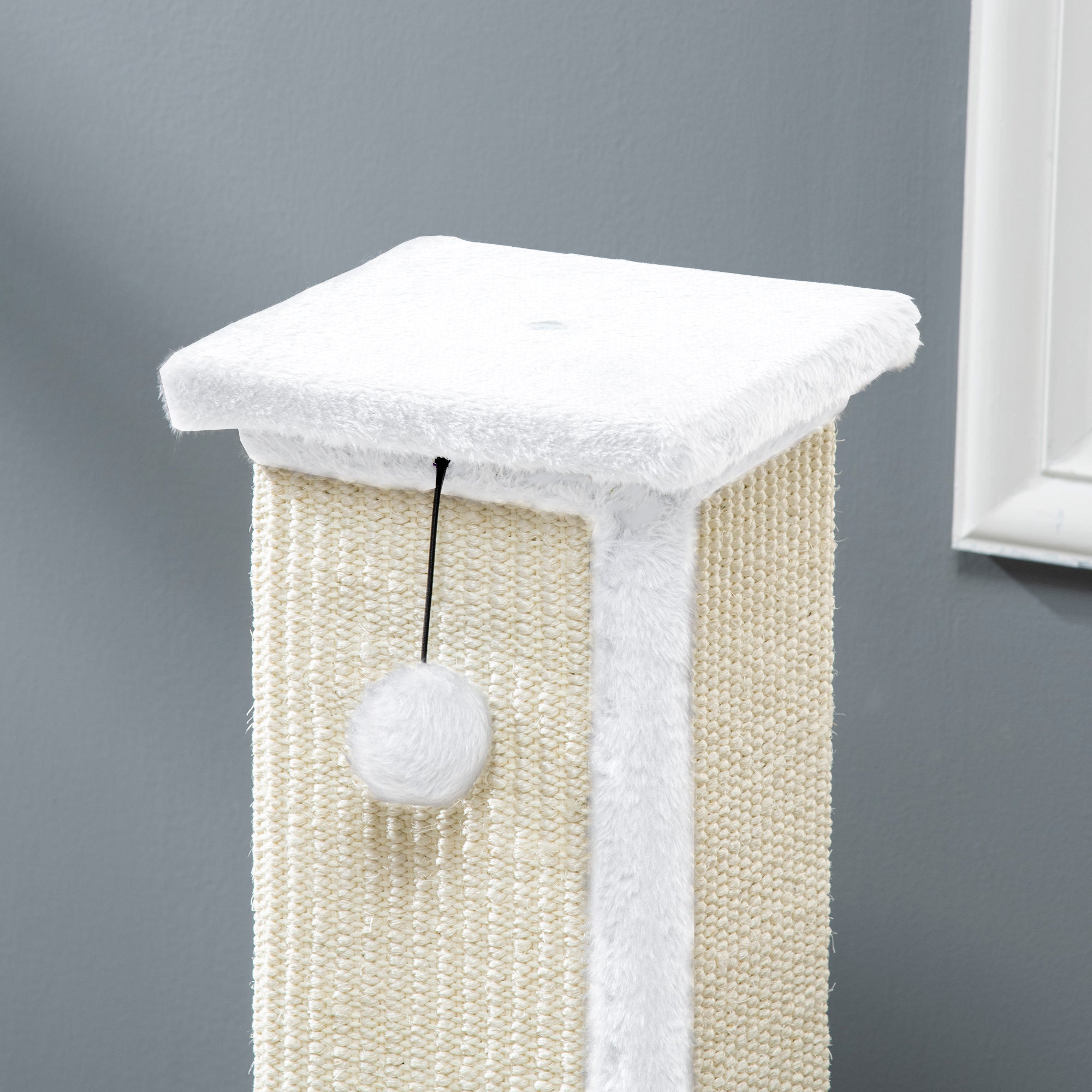 81cm Cat Scratcher, Vertical Full Scratcher w/ Natural Sisal Rope, Hanging Ball, Soft Plush - White