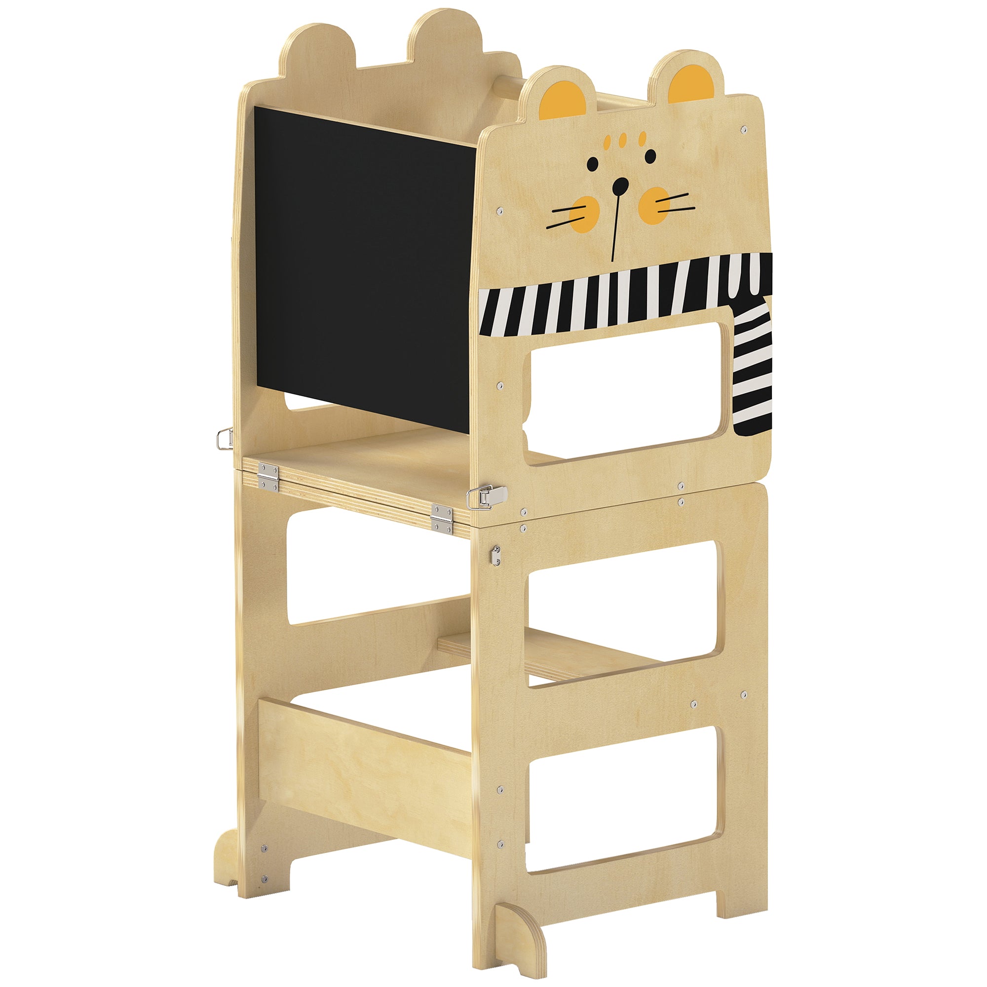Toddler Step Stool, Standing Tower with Chalkboard, 3-in-1 Cat-Shaped Step Stool for Kitchen Counter, Natural
