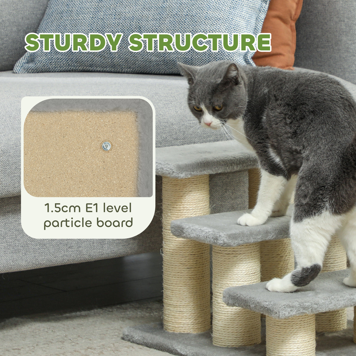 3-Step Pet Stairs Ladder with Scratching Posts for Cats and Dogs - Grey