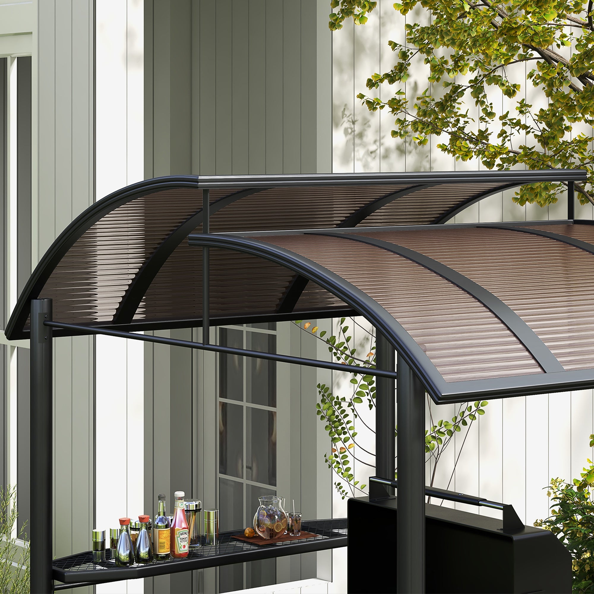 2.4 x 1.5m Outdoor Grill Gazebo with Side Shelves, PC Board Roof, Dark Grey