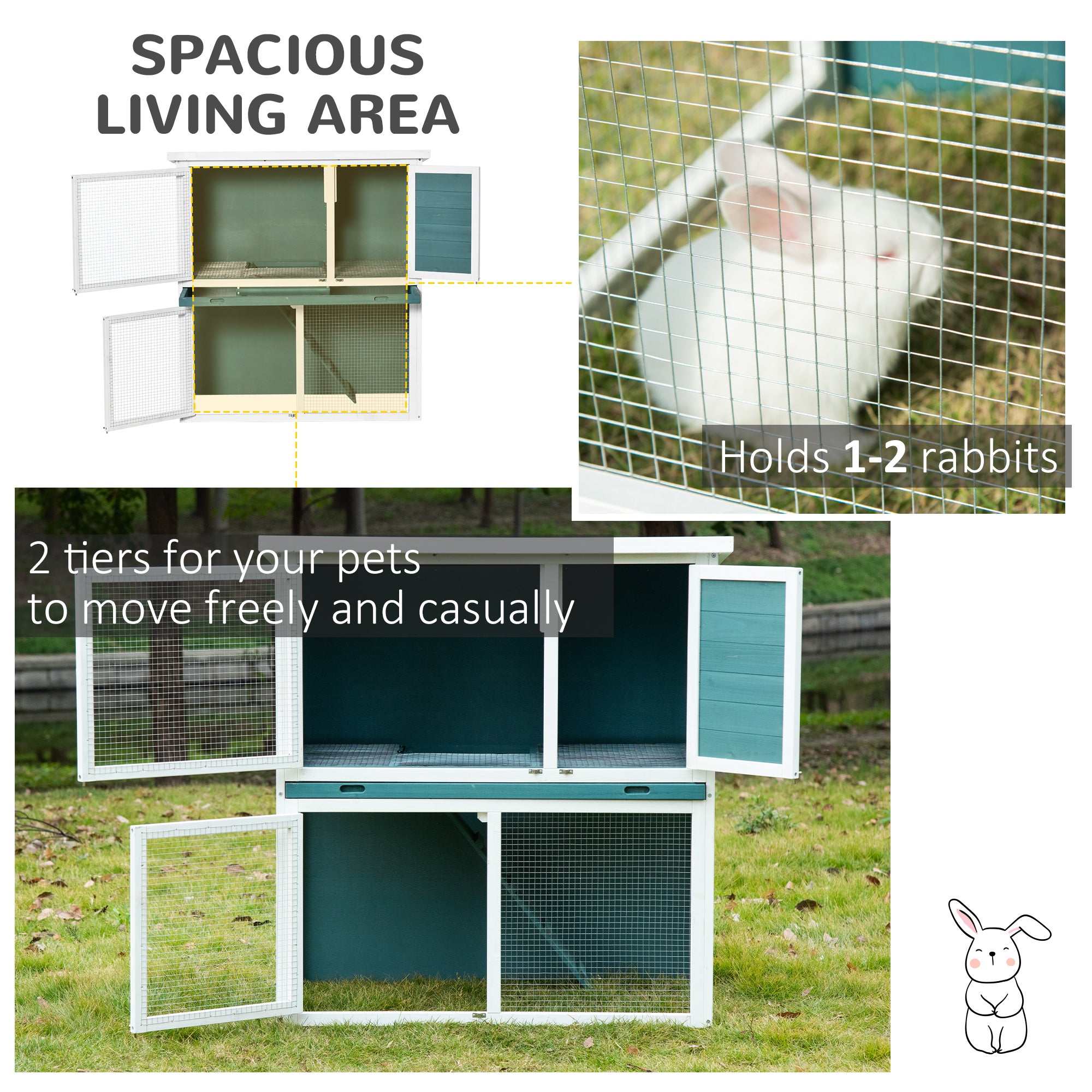 2 Tier Wooden Rabbit Hutch, Guinea Pig Cage, Bunny Run, Small Animal House for Indoor Outdoor with Slide-out Tray, Ramp, 104 x 58 x 110cm, Green