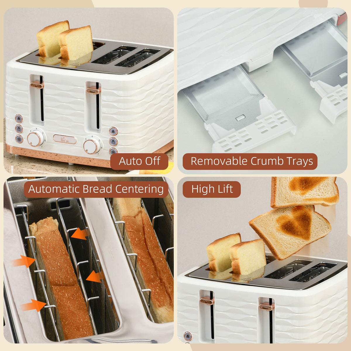 Four-Slice Rippled Toaster with 7 Toasting Levels and Safety Features - White