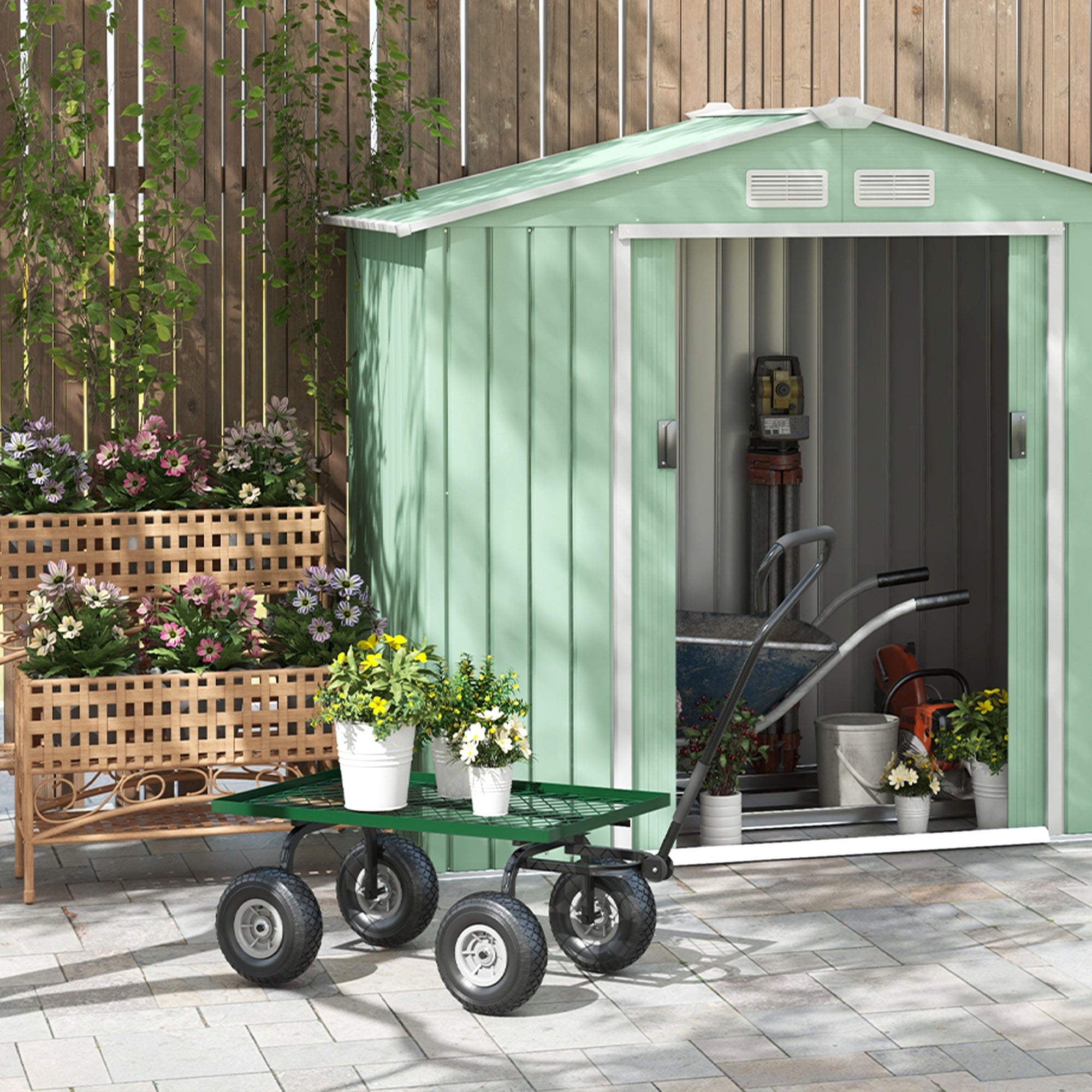 Garden Trolley Cart, Heavy Duty Garden Cart with Metal Frame, 10" Pneumatic Wheels, Rotating Handle, 150kg Capacity, for Garden, Farm, Green
