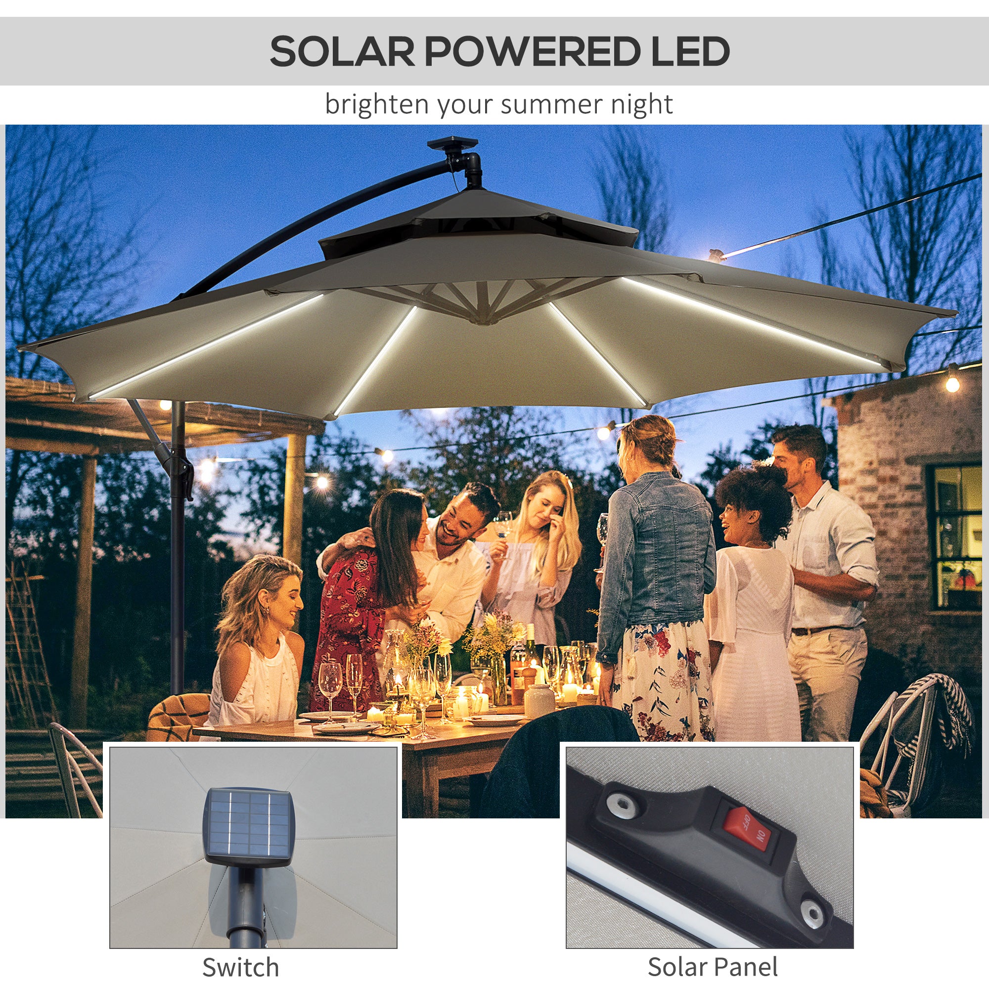 3 Metre Cantilever Banana Parasol with LED Solar Lights and Double Roof - Light Grey