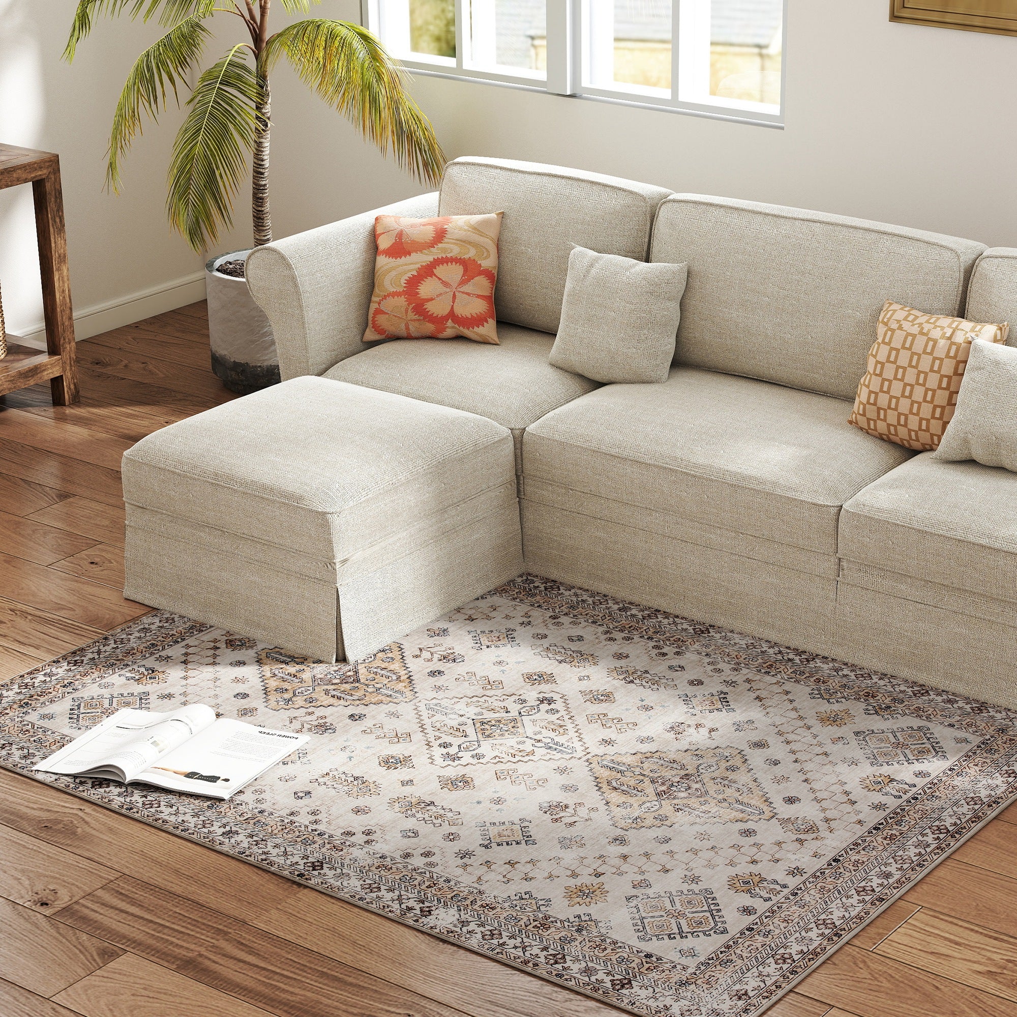 Vintage Area Rug, Non-Slip Washable Rug, Flannel Floor Carpet for Living Room, Bedroom, Dining Room, Home Office, 170 x 120 cm, Beige