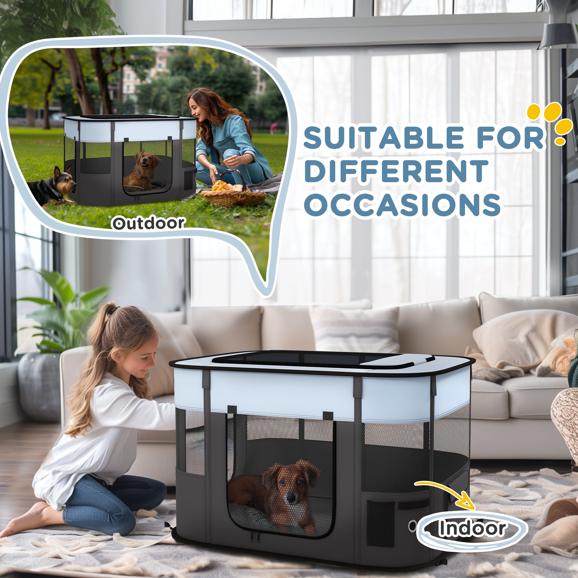 Foldable Dog Pen with Storage Bag for Indoor/Outdoor Use - Grey