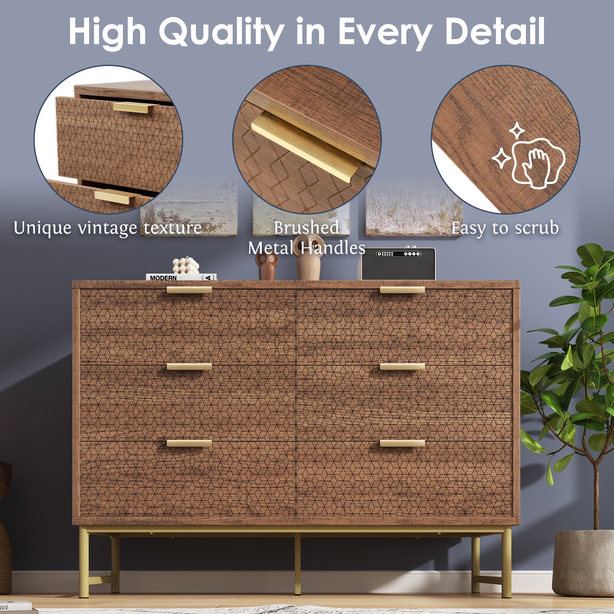 Embossed Design Sideboard Cabinet Dresser with 6 Drawers, Anti-tip, Storage Cabinet for Hallway, 120L x 40W x 75H cm, Walnut