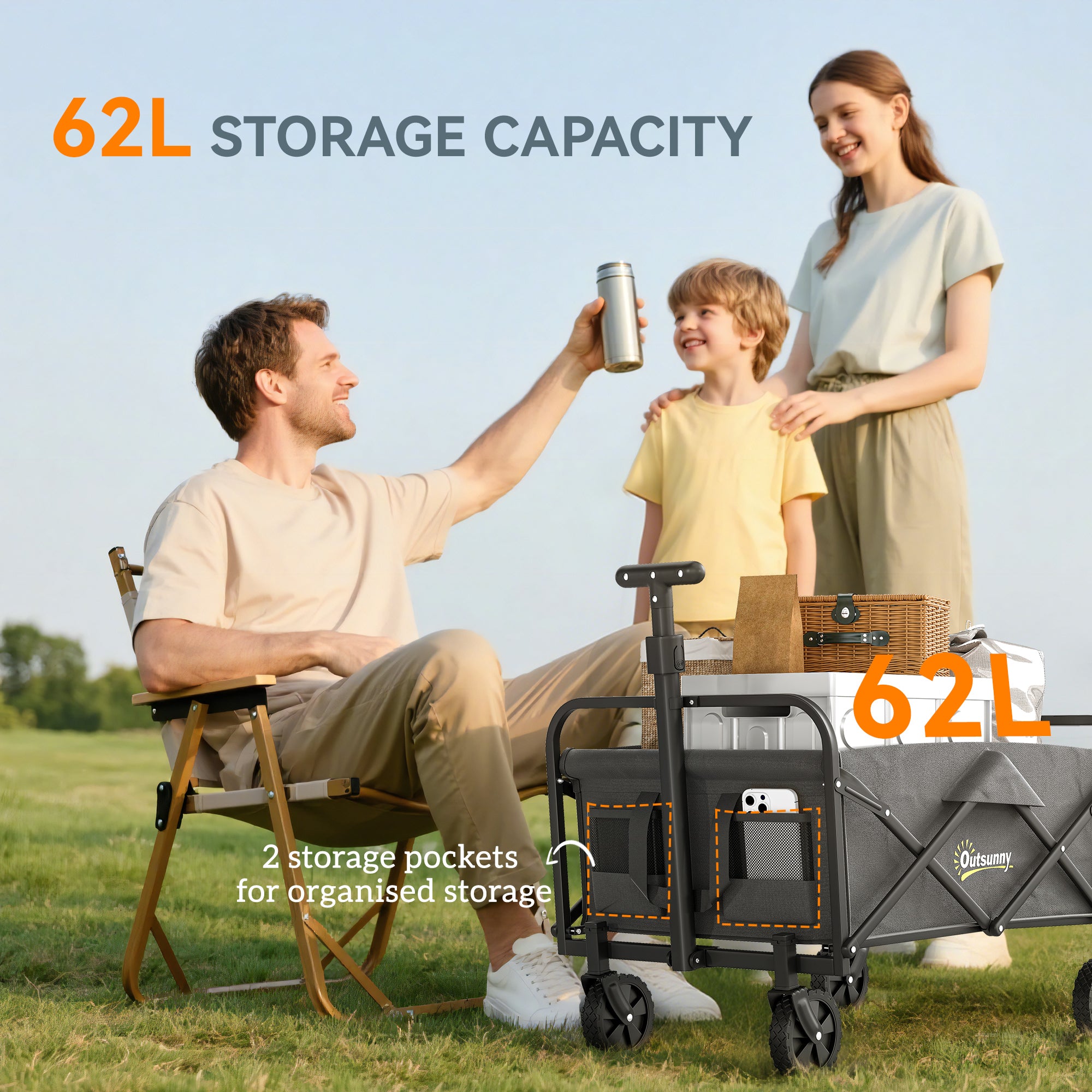 93L Festival Trolley on Wheels, Garden Folding Trolley Cart, 120kg Heavy Duty Collapsible Folding Wagon with Adjustable Handle and Carrying Bag for Beach, Camping, Festival, Grey