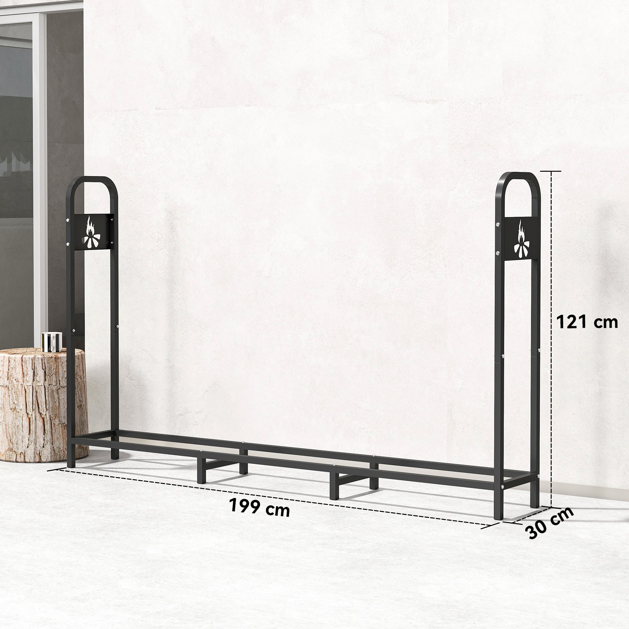 6.5 FT Steel Firewood Log Rack with 300 kg Capacity, Heavy Duty Indoor Outdoor Fireplace Wood Storage Shelf, Log Holder/Stand with Extra Support Legs, Decorative Bonfire Pattern, Black
