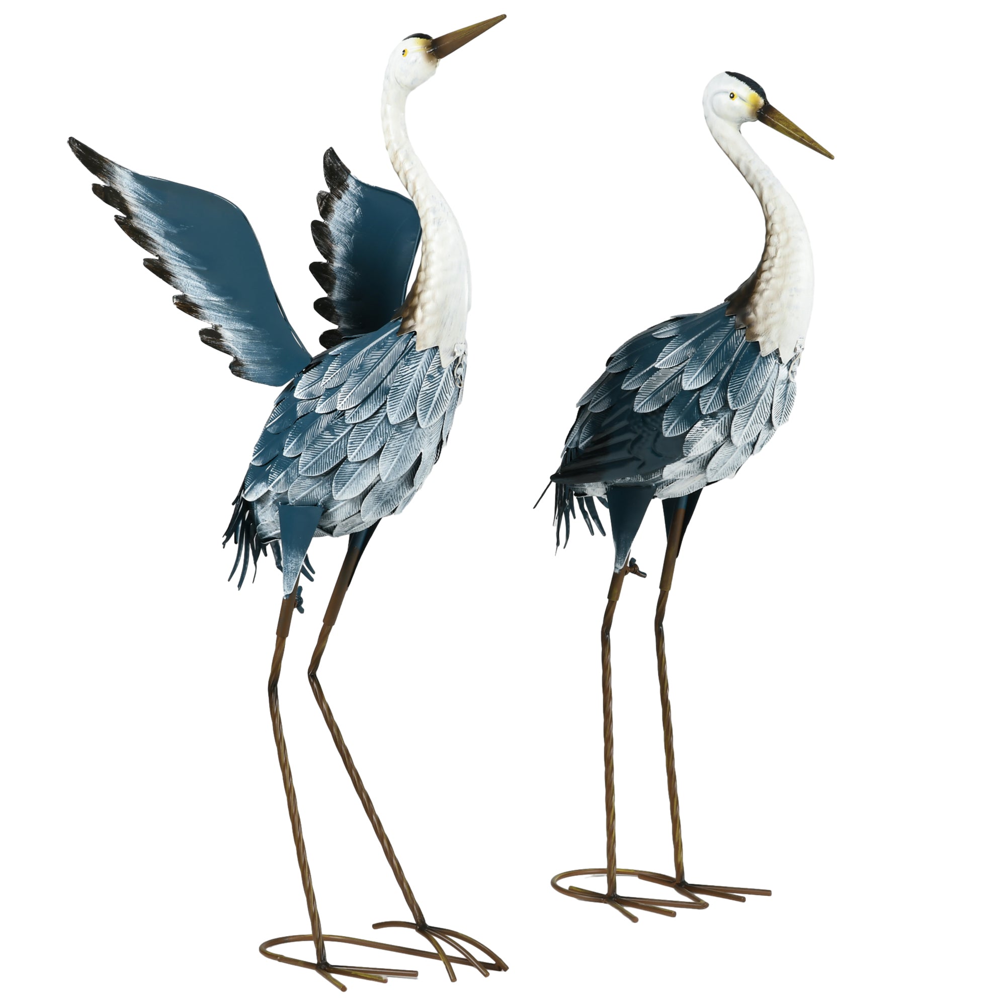 Heron Garden Statues, Standing Garden Ornament, Metal Garden Gift with Stakes, Blue & White