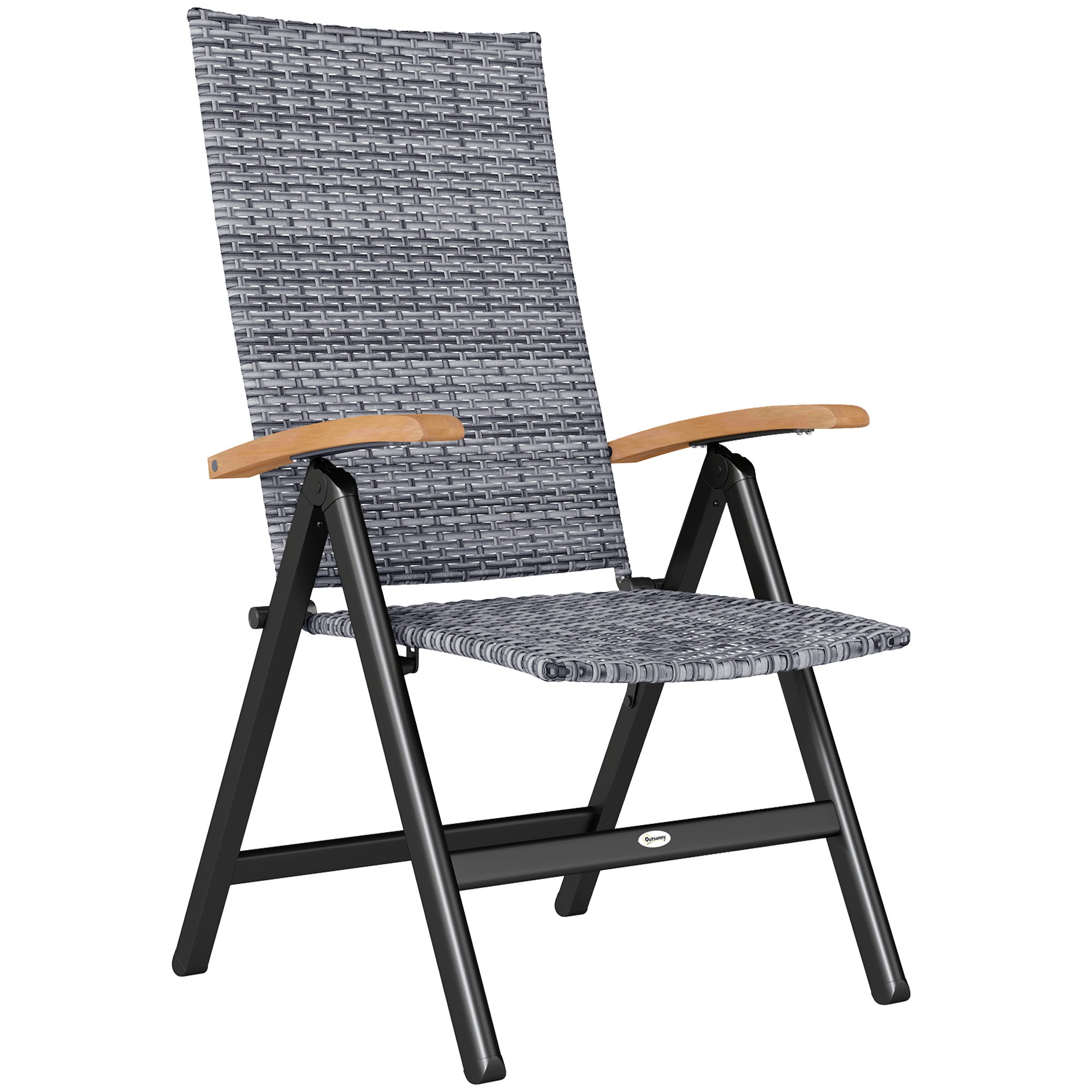 Outdoor Folding Rattan Chair with Armrests, High Backrest, for Garden, Camping, Balcony, Porch - Light Grey