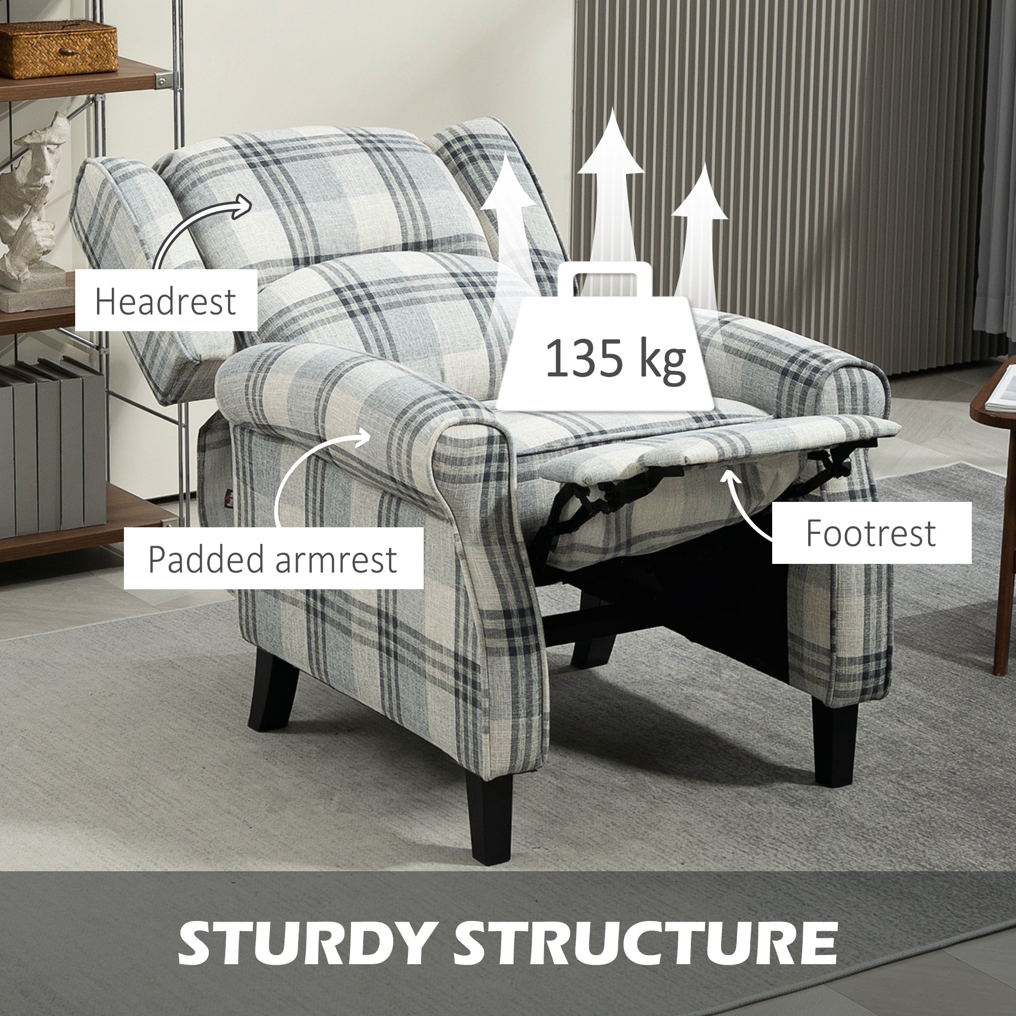 160° Reclining Armchair with Footrest Linen Upholstery - Grey
