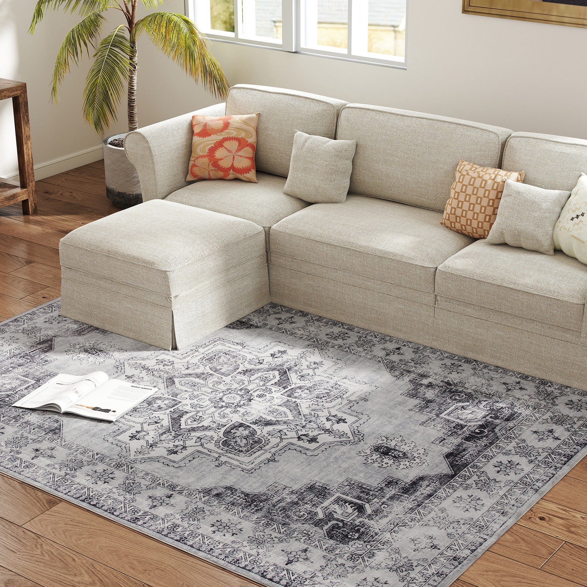 Vintage Area Rug, Non-Slip Washable Rug, Flannel Floor Carpet for Living Room, Bedroom, Dining Room, Home Office, 230 x 160 cm, Grey