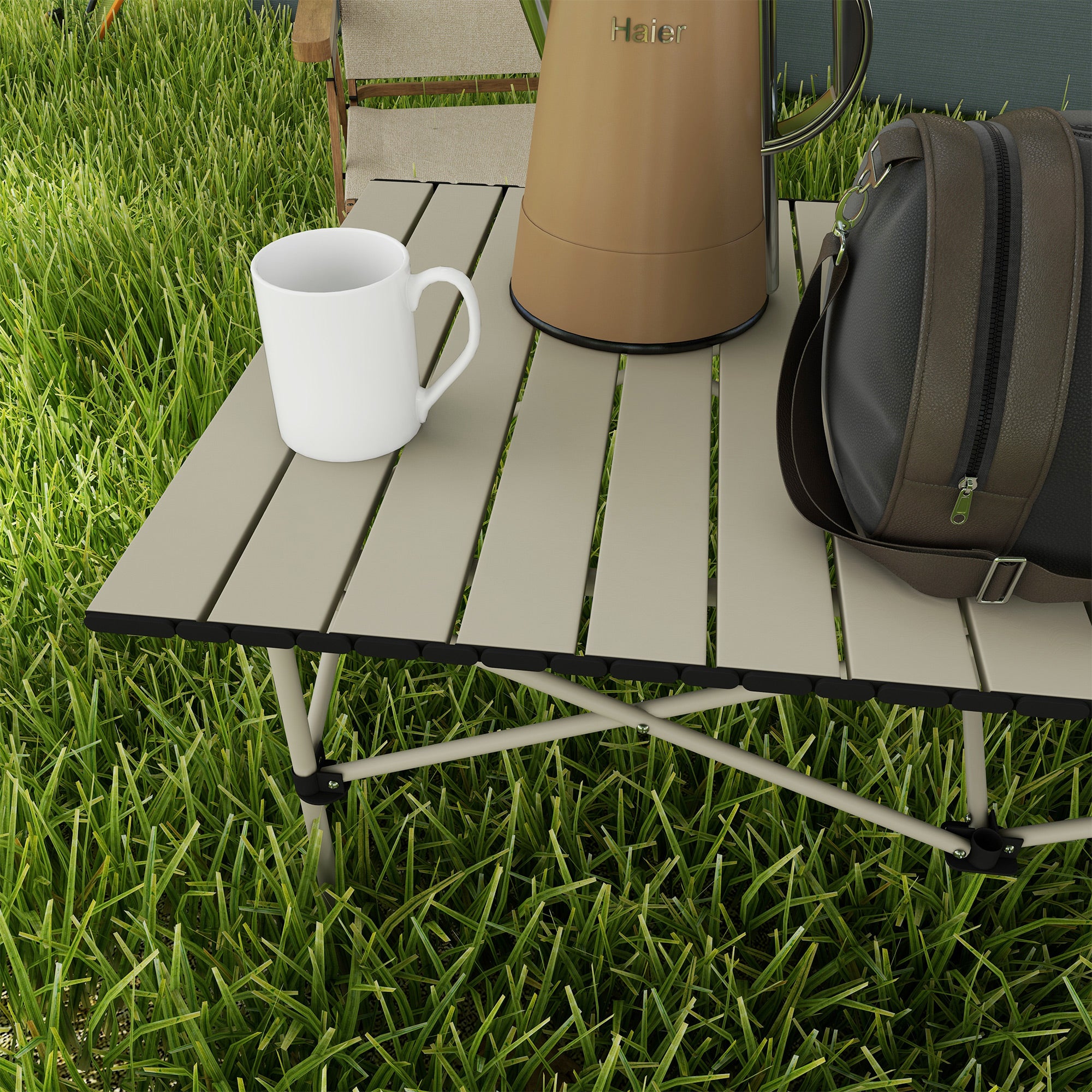 Two-Seater Portable Aluminium Table, with Roll-Up Tabletop and Bag - Khaki