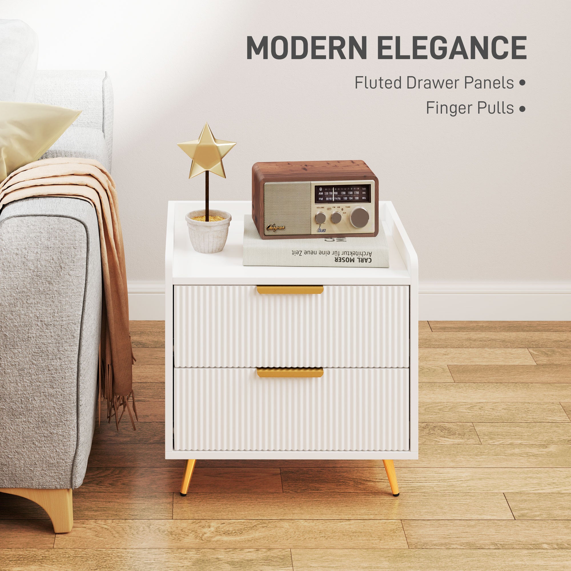 Elegant Two-Drawer Bedside Table with Gold Handles - White