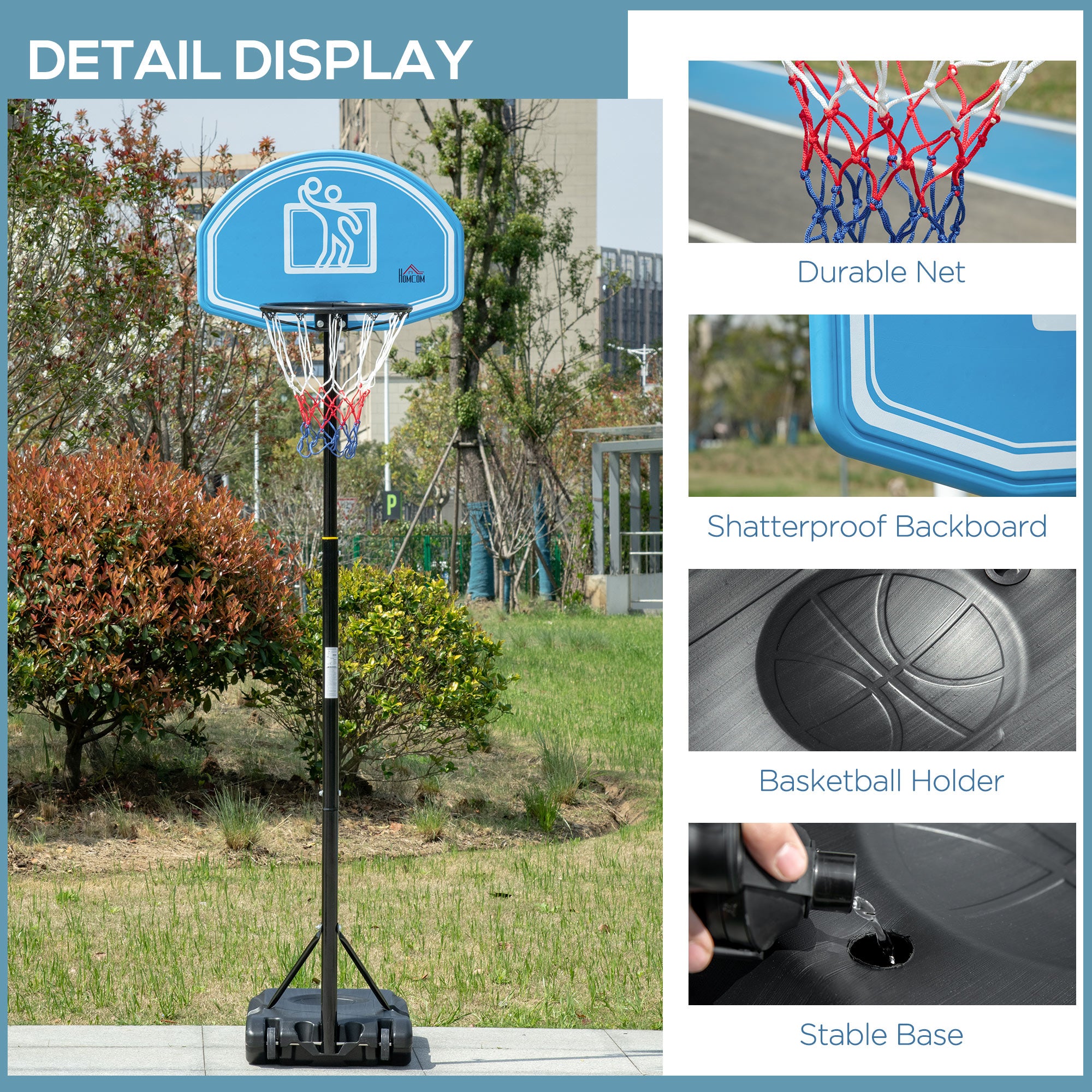 Adjustable Basketball Hoop and Stand, with Wheels and Weight Base Blue