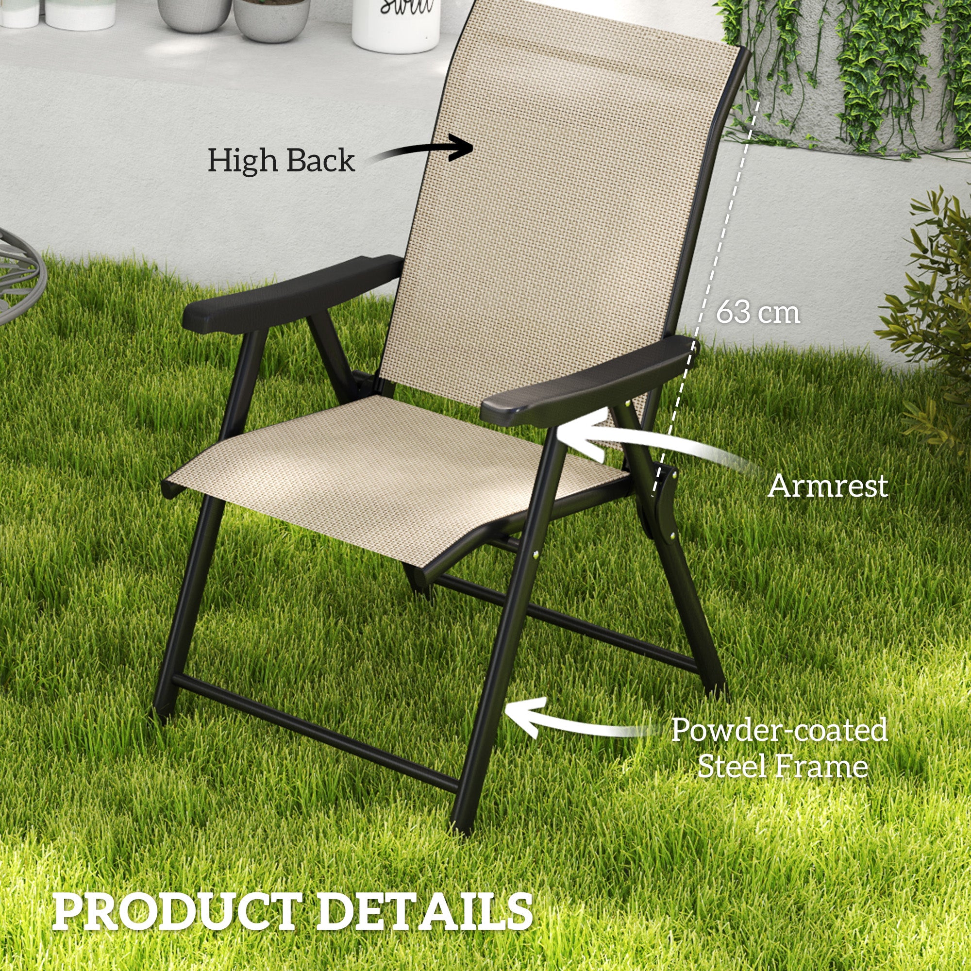Set of 2 Folding Outdoor Chairs with Breathable Mesh and Armrests - Brown Black