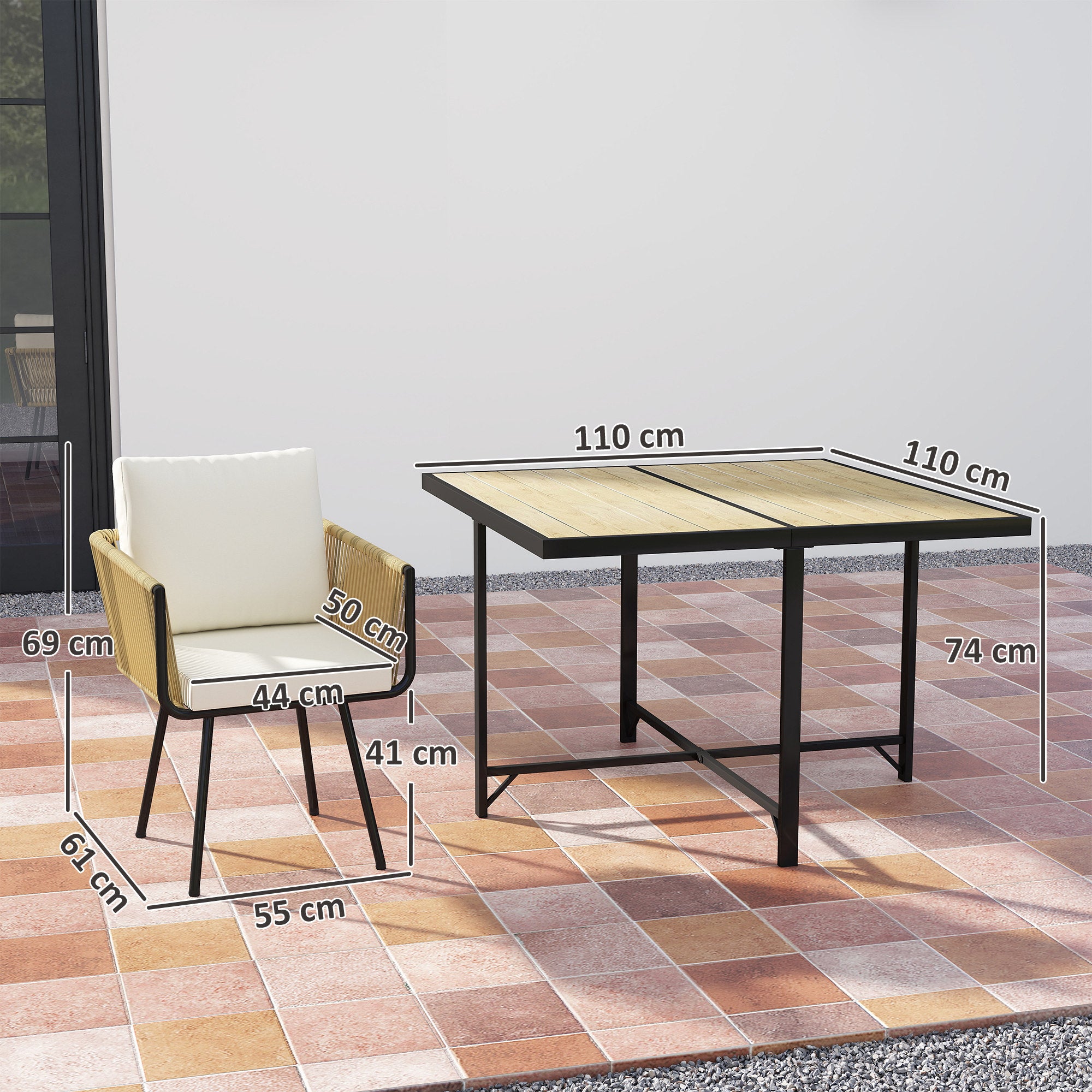 5 Piece Garden Furniture Set, Garden Dining Set with Wood-Plastic Table and 4 Armchairs, Beige