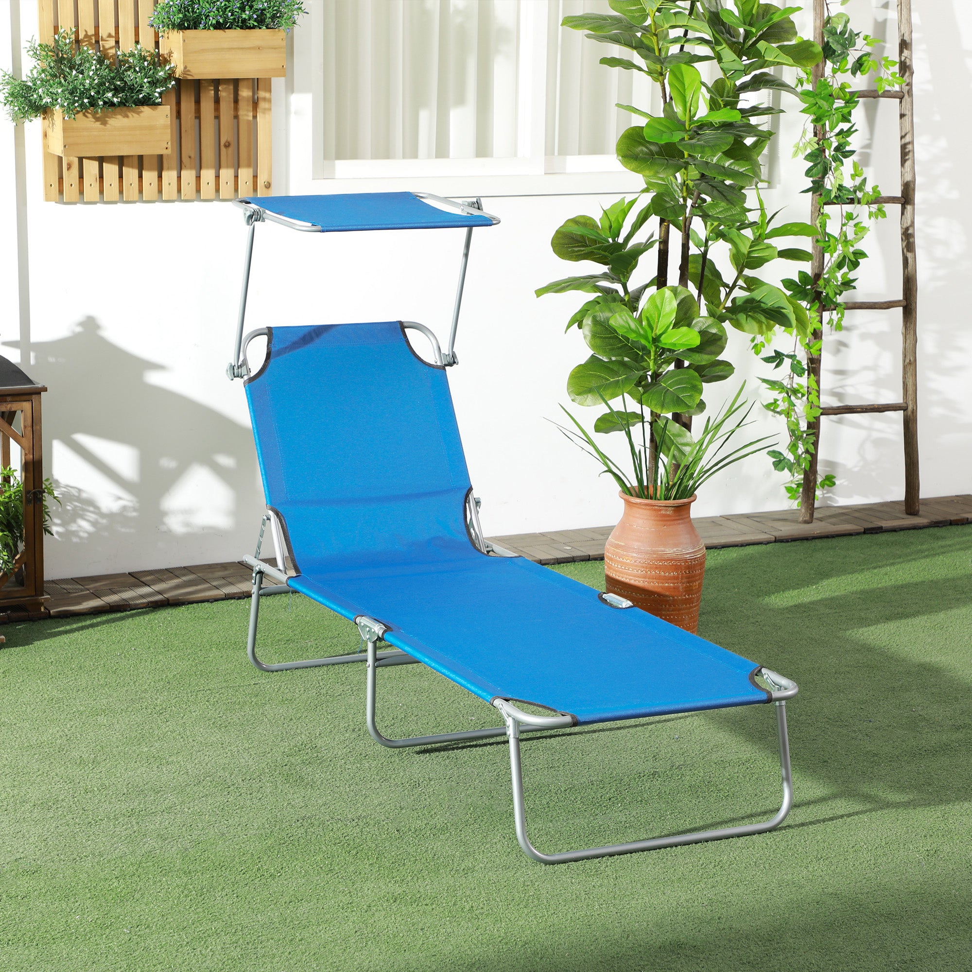 Adjustable Sun Lounger with Face Canopy - Bright Blue