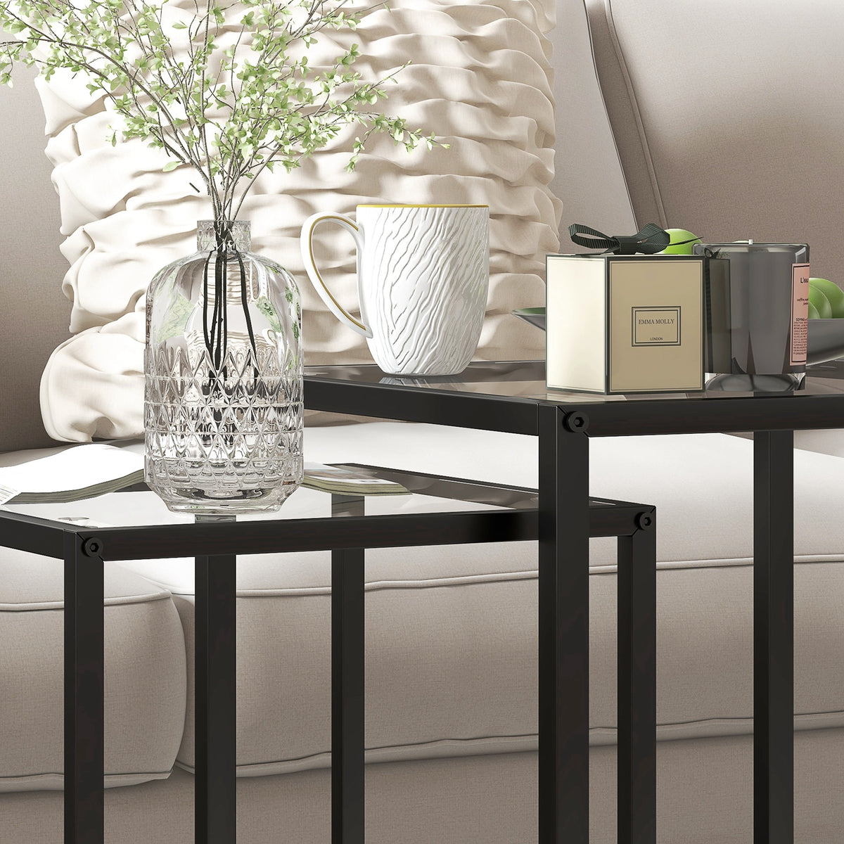 Nesting Tables Set of 2 with Tempered Glass Top and Steel Frame - Black