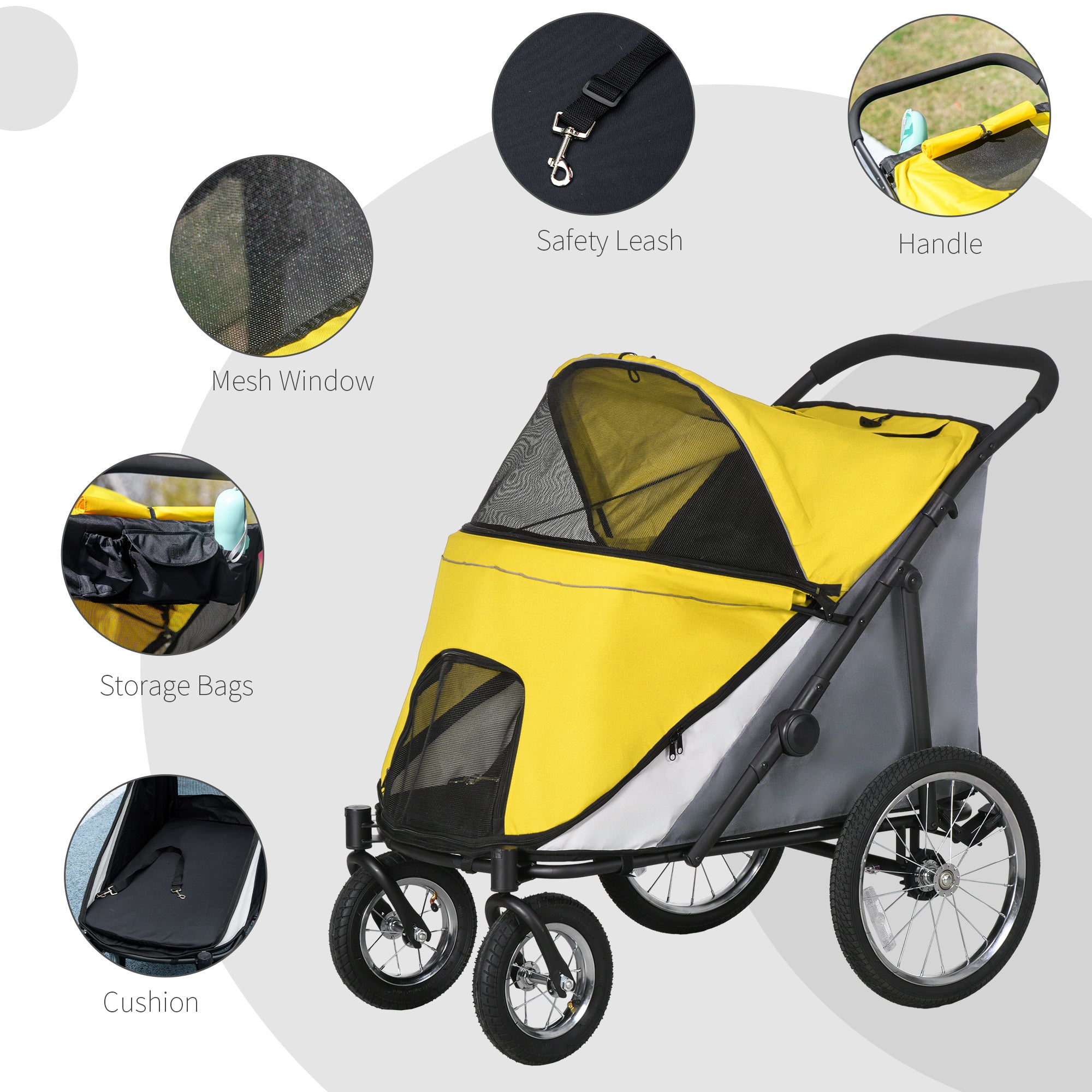 Foldable Pet Stroller, with Washable Cushion, Storage Bags, Safety Leash, for Medium, Large Dogs, Catts, Travel - Yellow