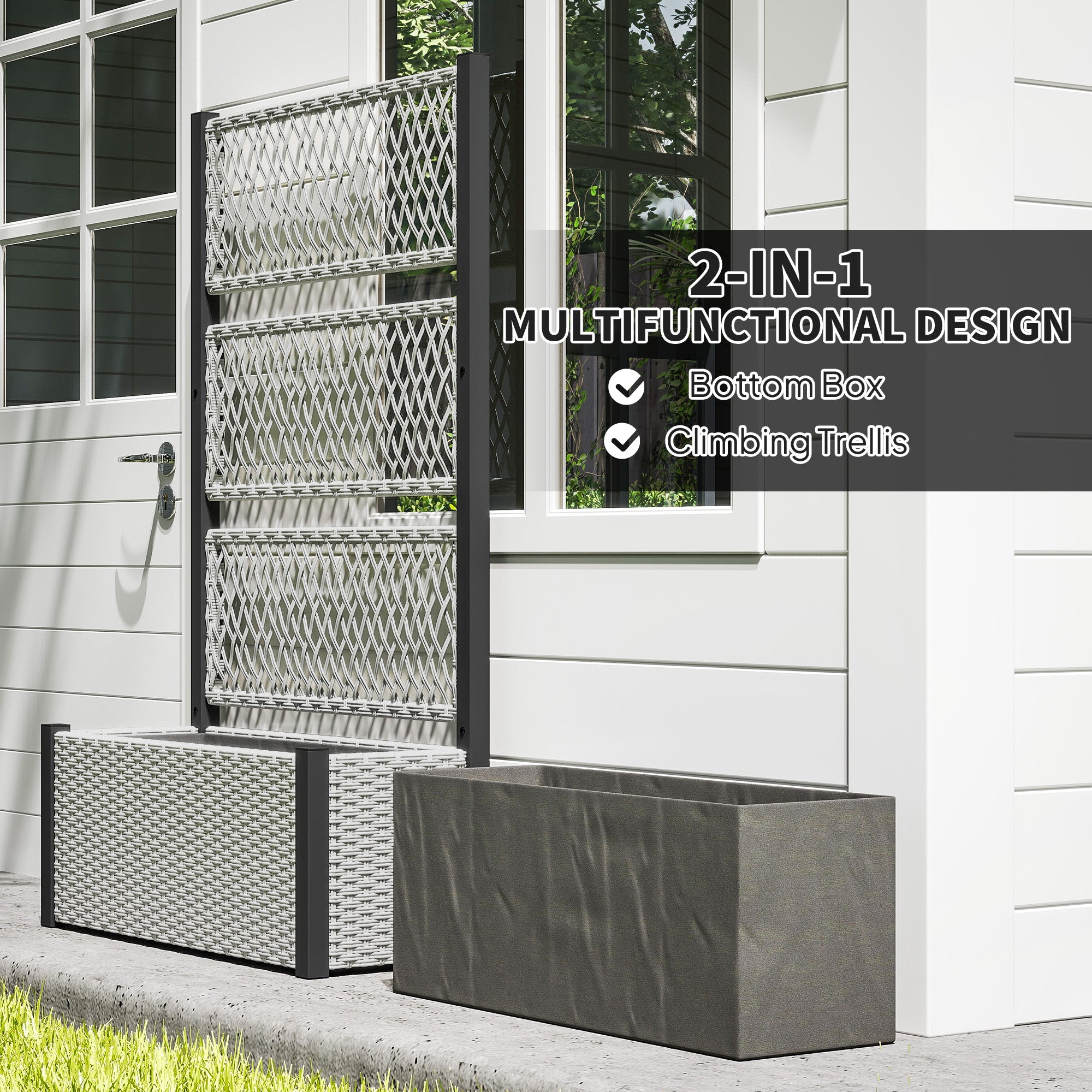 Garden Planter Box with Trellis, Liner for Climbing Plants, Vegetables, Flowers, Mixed-grey