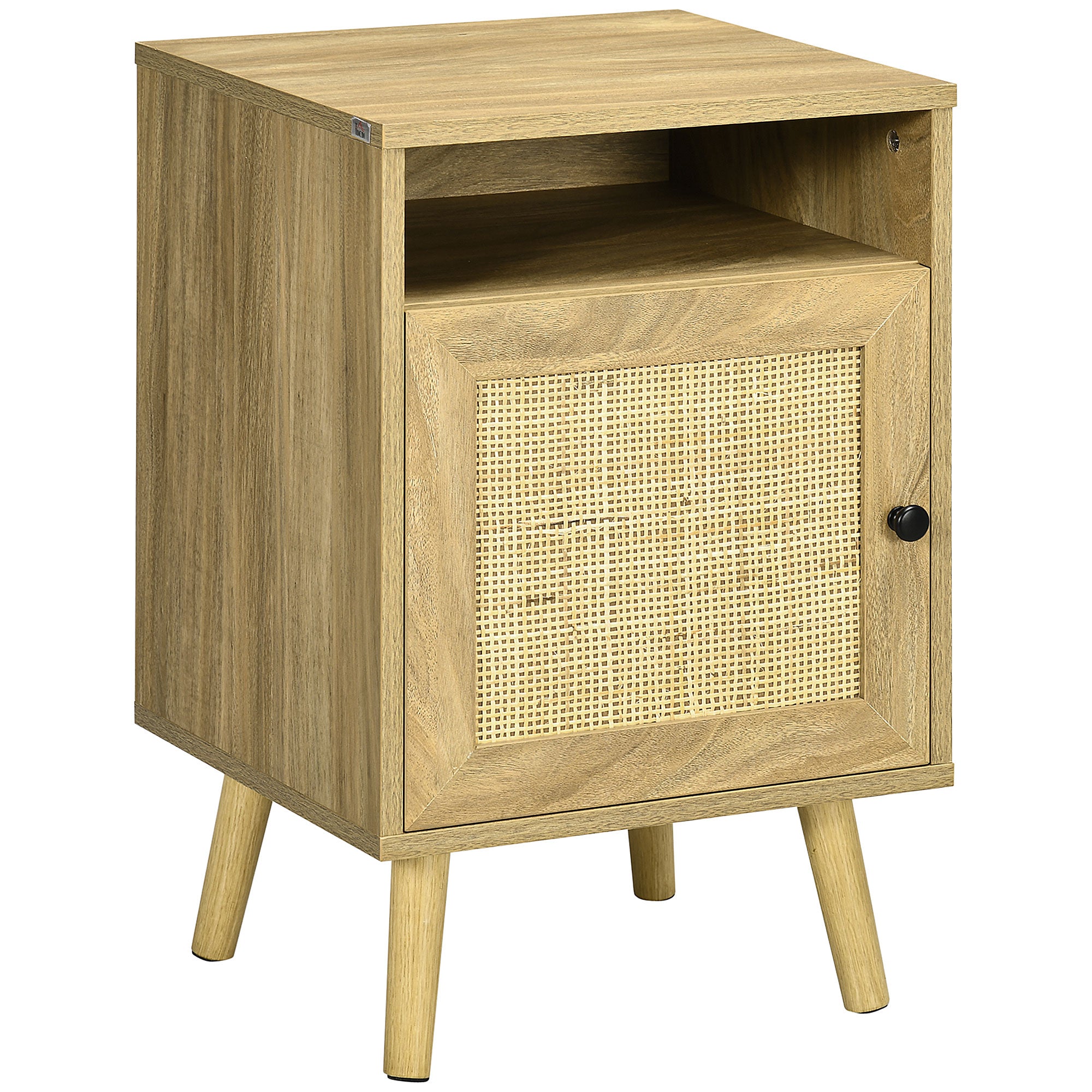 Bedside Table with Rattan Panel, Shelf & Cupboard 39x35x60cm - Natural