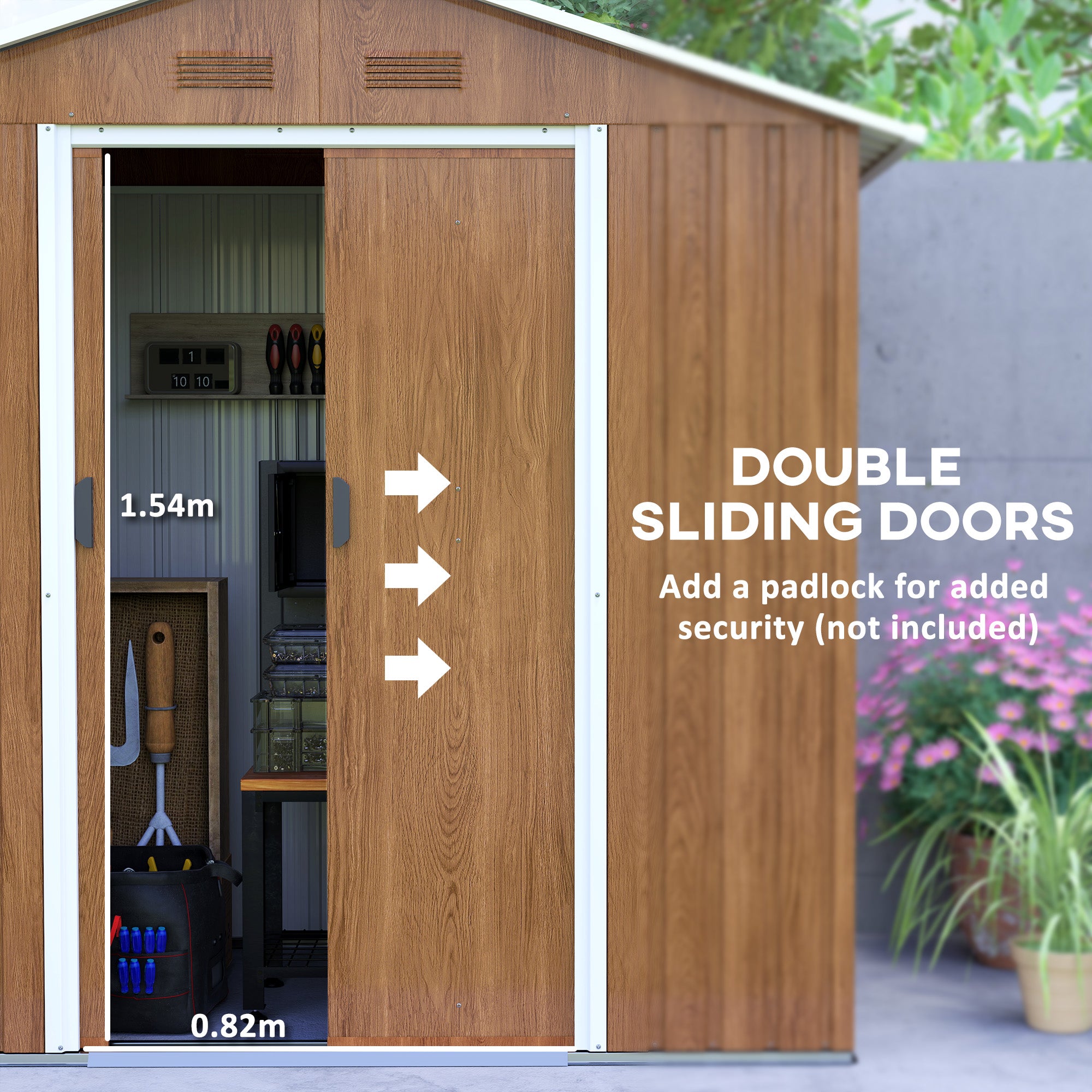 6.5 x 3.5ft Metal Garden Storage Shed with Double Sliding Doors - Brown Wood Effect