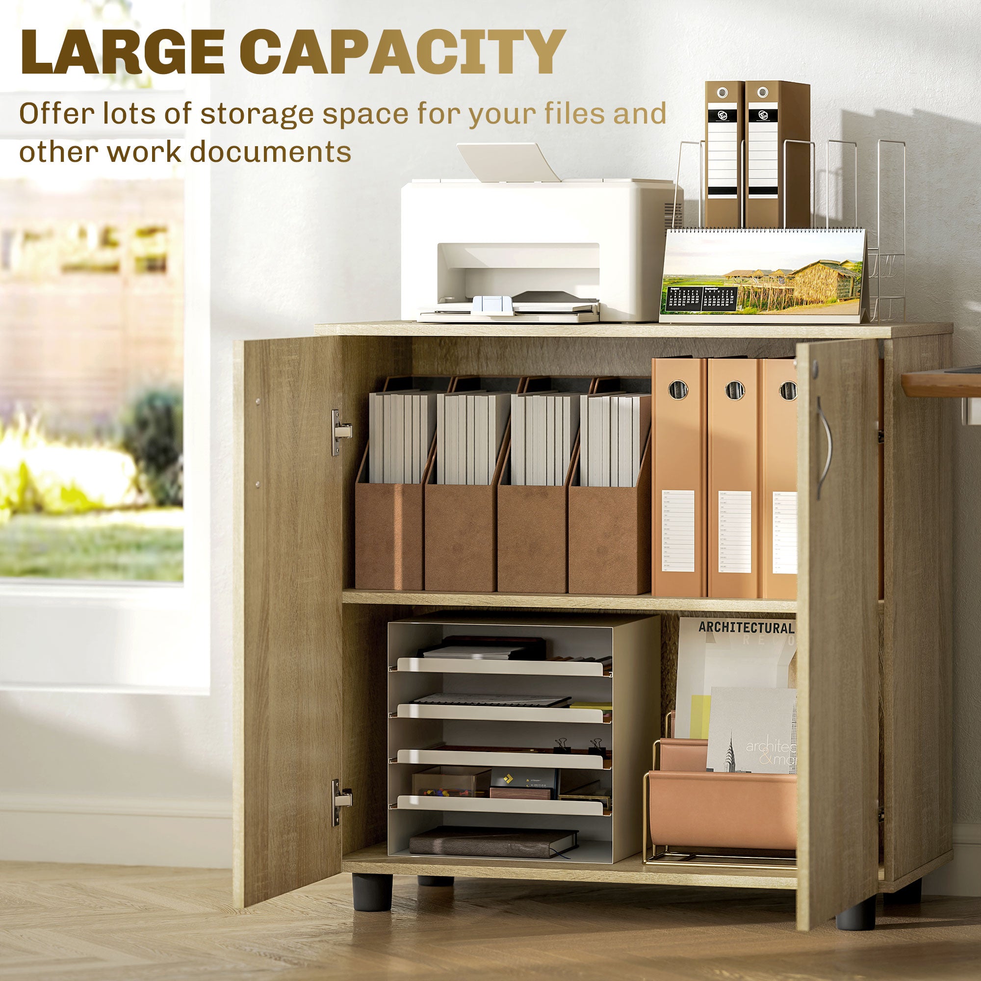 Two-Tier Locking Office Storage Cabinet with Keys - Oak