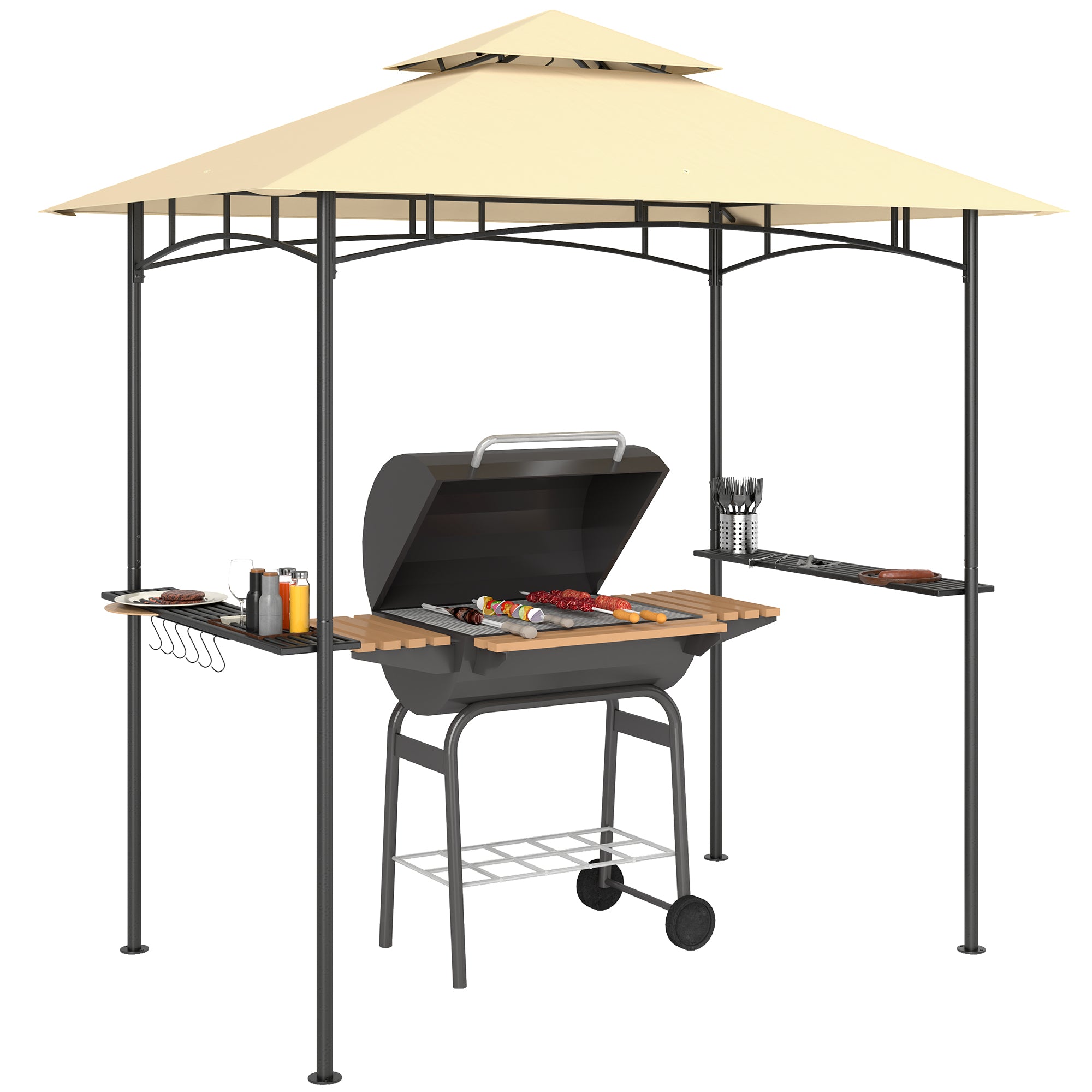 8 Foot Double Tiered BBQ Gazebo Shelter with LED Lights Beige