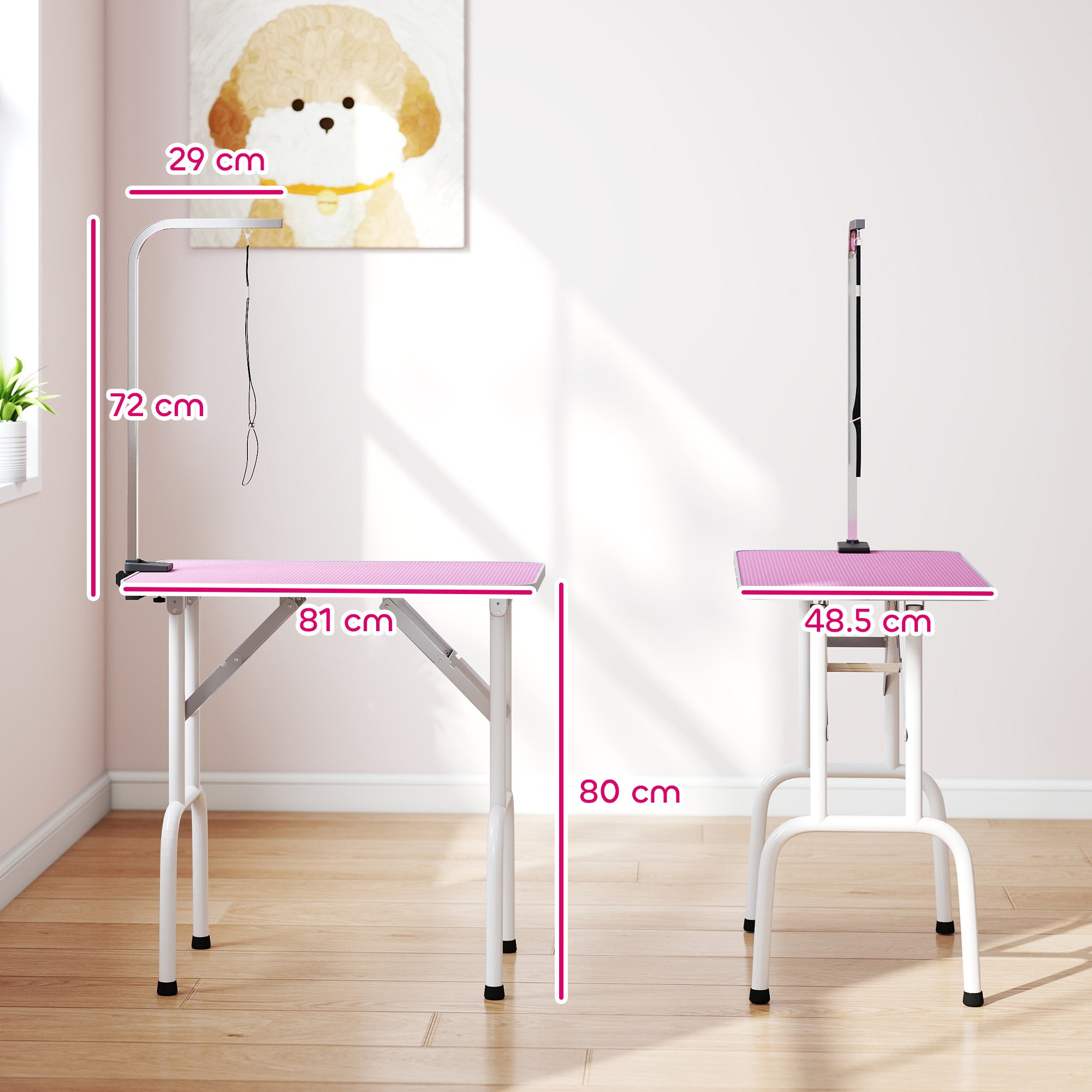 32" Foldable Dog Grooming Table Pet Drying Beauty Table Adjustable Fixed Arm Rubber Top, Pink