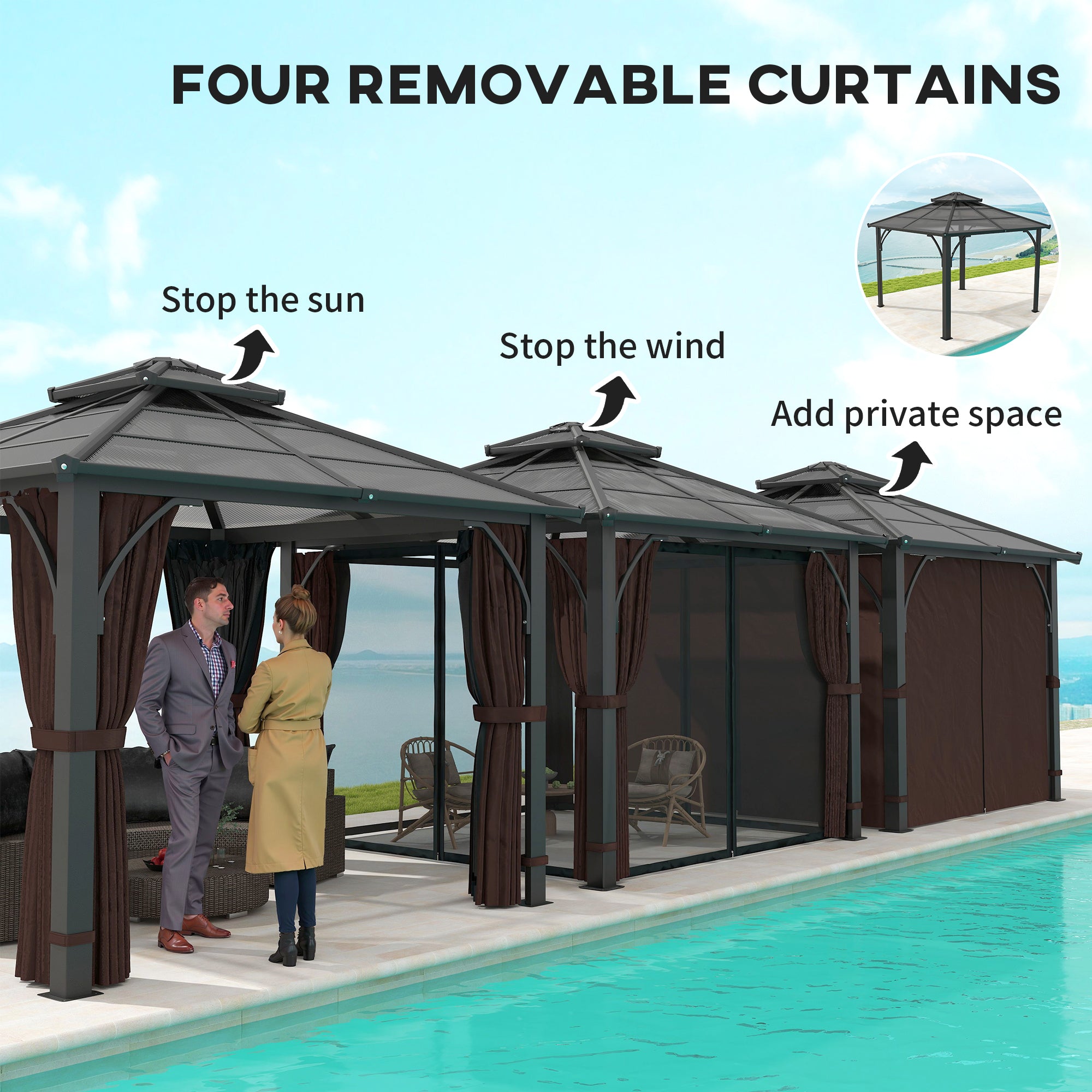 3 x 3(m) Hardtop Gazebo Canopy with 7mm Double Polycarbonate Roof, Garden Gazebo Permanent Pavilion with Mosquito Netting and Curtains for Patio, Deck, Brown