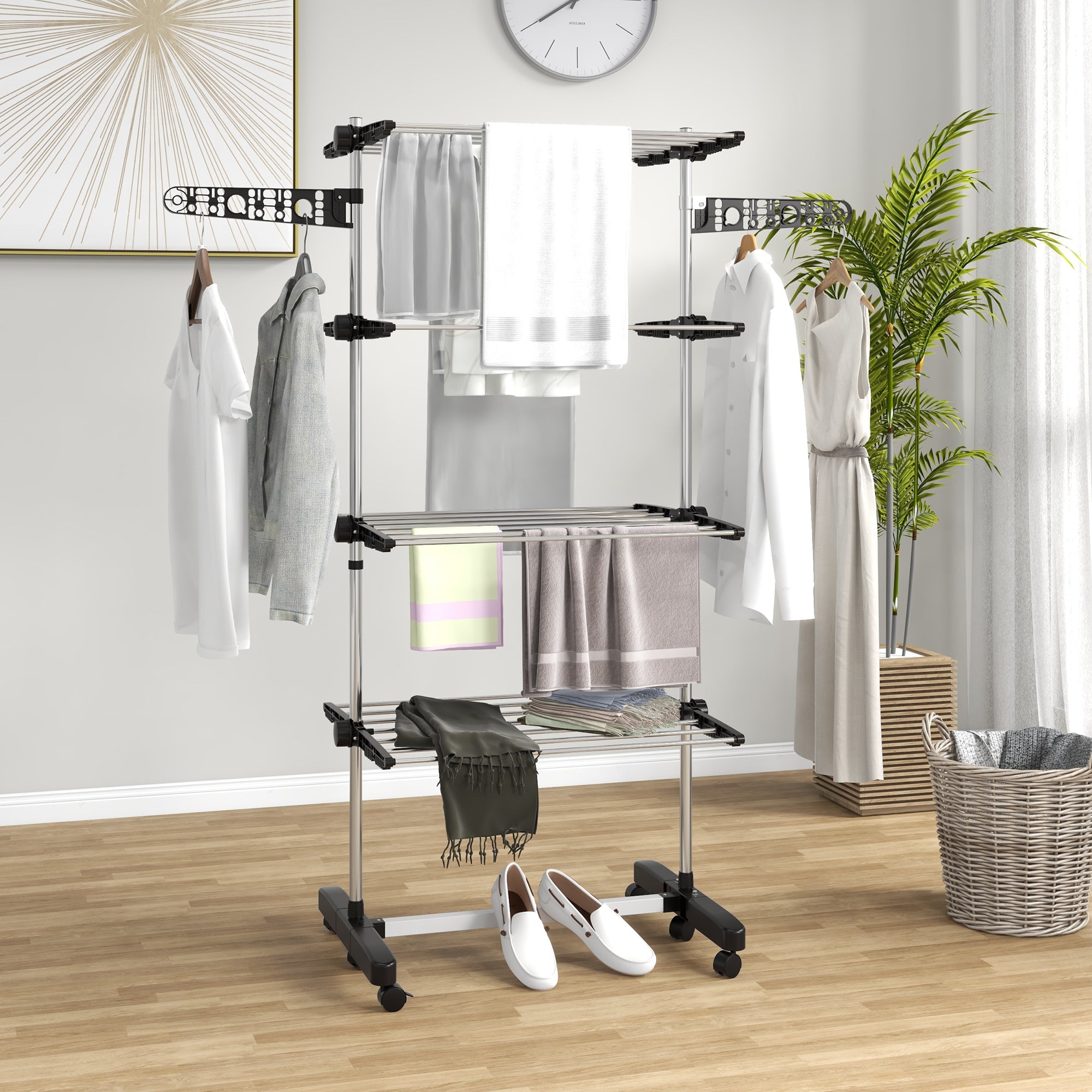 Four-Shelf Collapsible Clothes Horse with Side Arms and Wheels - Black