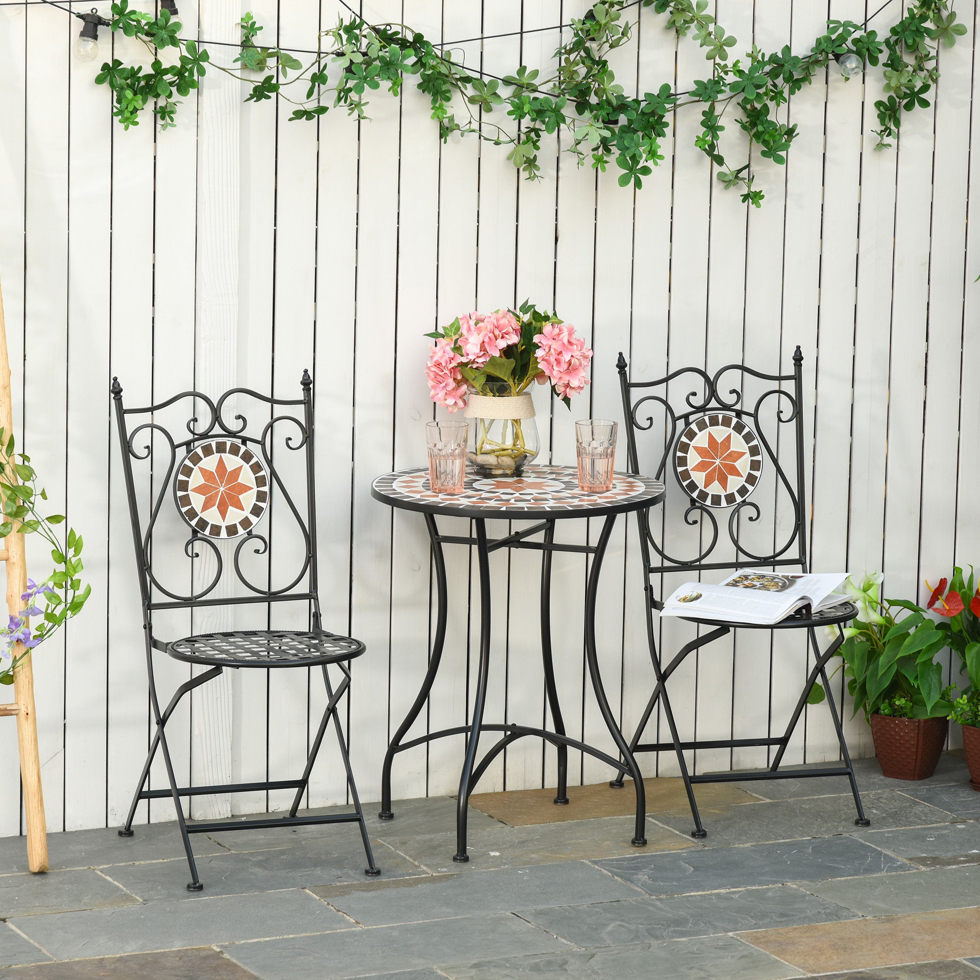 Three-Piece Mosaic Bistro Table Set with Foldable Chairs - Multicoloured