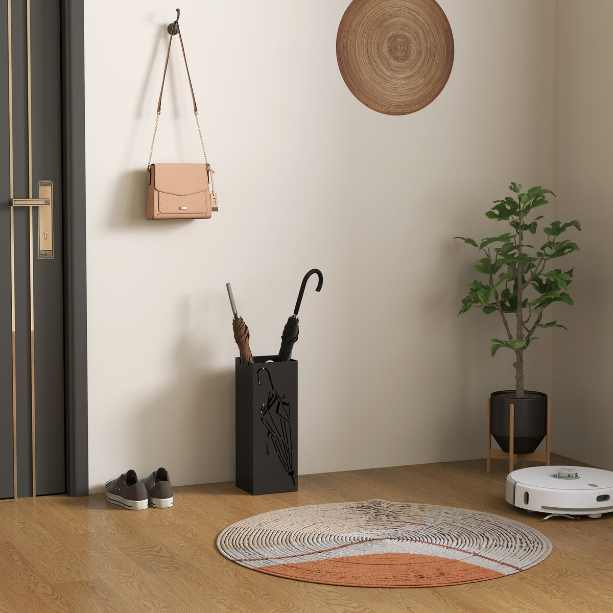 Square Metal Umbrella Stand with 4 Hooks and Removable Drip Tray 15.5x15.5x41 cm - Black