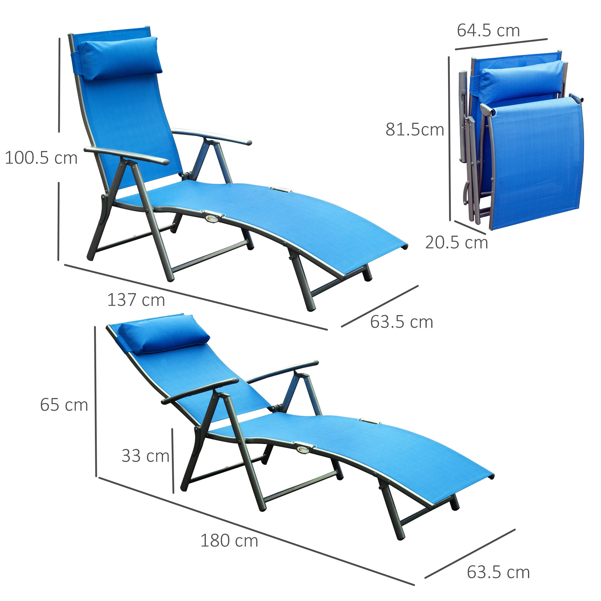 Sun Lounger Steel Frame Outdoor Folding Chaise Texteline Lounge Chair Recliner with Headrest & 7 Levels Adjustable Backrest, Blue