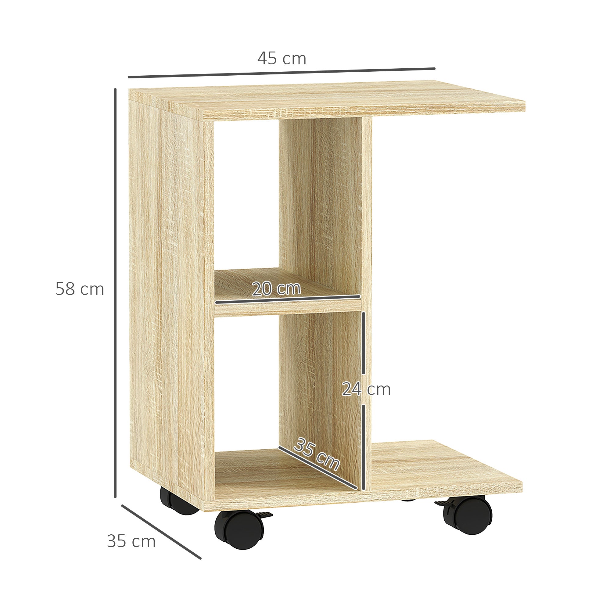C-Shape End Table Unique Storage Unit w/ 2 Shelves 4 Wheels Freestanding Home Office Furniture Cabinet Square Studio Natural